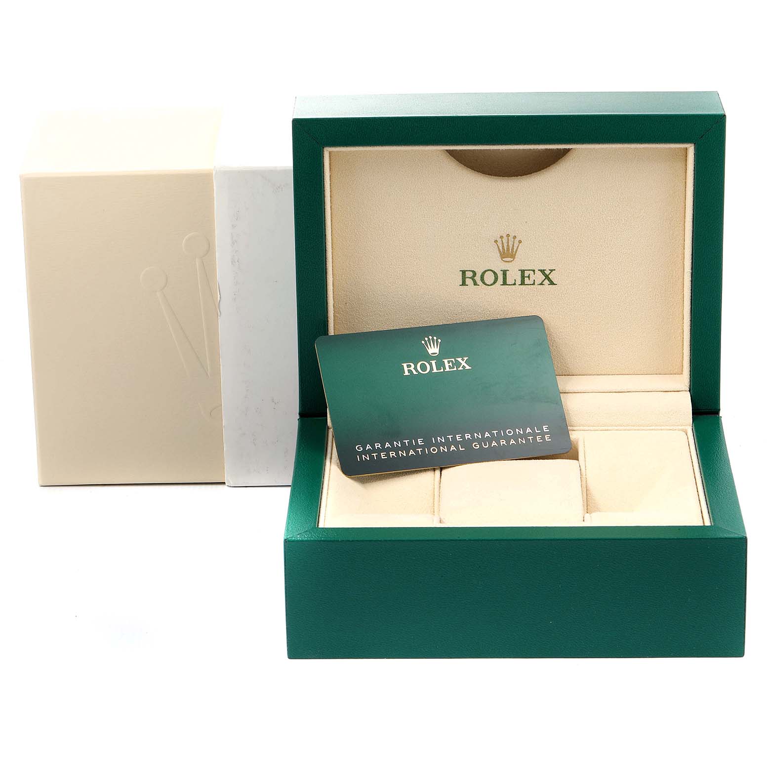 The image shows a Rolex Mid-Size 278274 Women's Stainless Steel Green Dial 278274 Women's Stainless Steel Green Dial model watch box, warranty card, and outer packaging from a front angle.