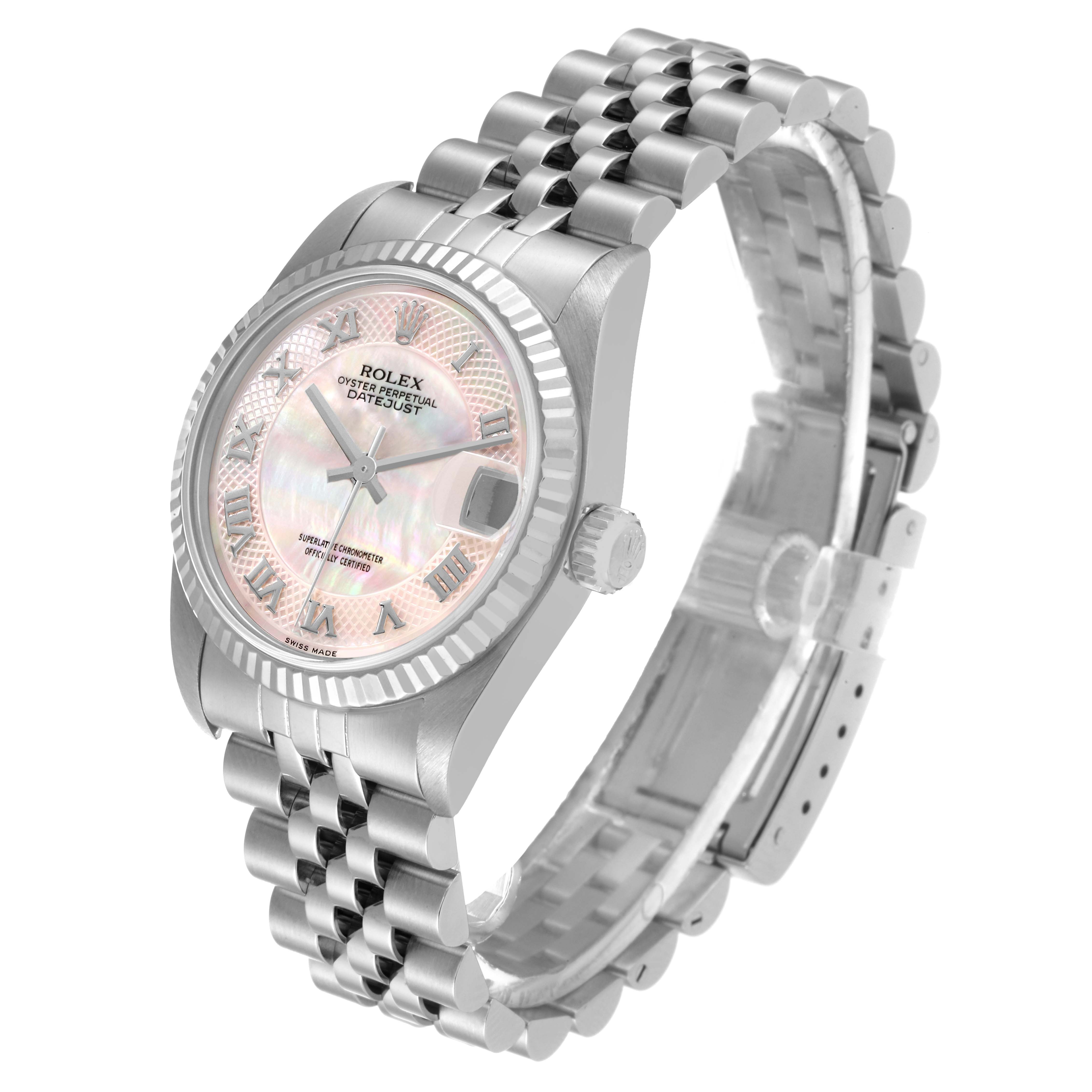 The image shows a Mid-Size Rolex watch from an angled side-view, displaying the face, bezel, crown, and bracelet.