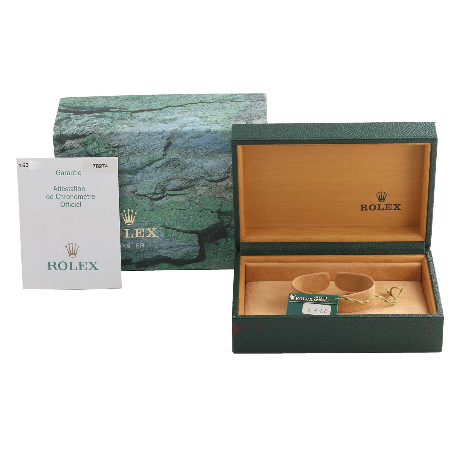 The image shows a Rolex Mid-Size 78274 Women's Stainless Steel Mother of Pearl Dial 78274 Women's Stainless Steel Mother of Pearl Dial model watch box, an outer box, and official documentation.
