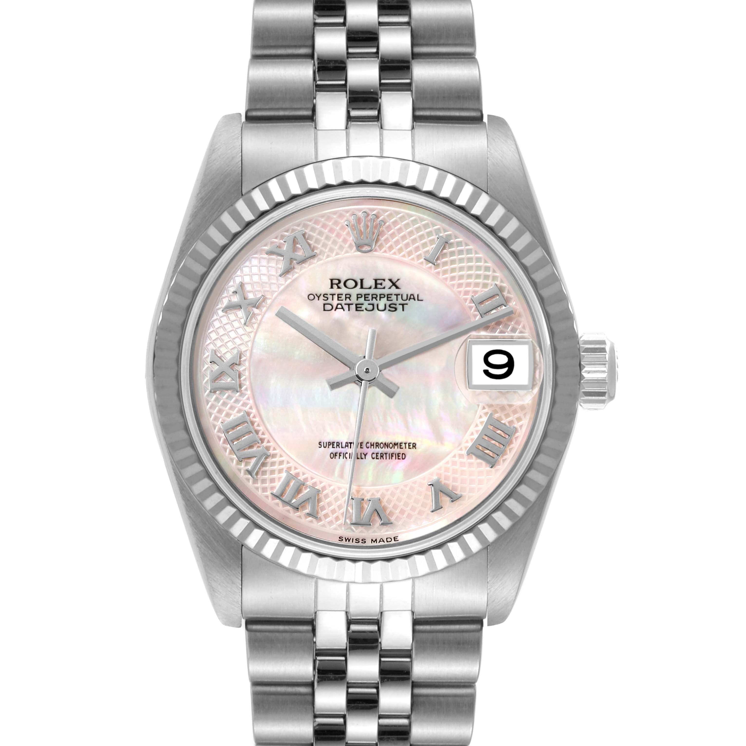The image shows a front view of a Mid-Size Rolex Datejust watch, displaying the dial, hour markers, bezel, crown, and bracelet.