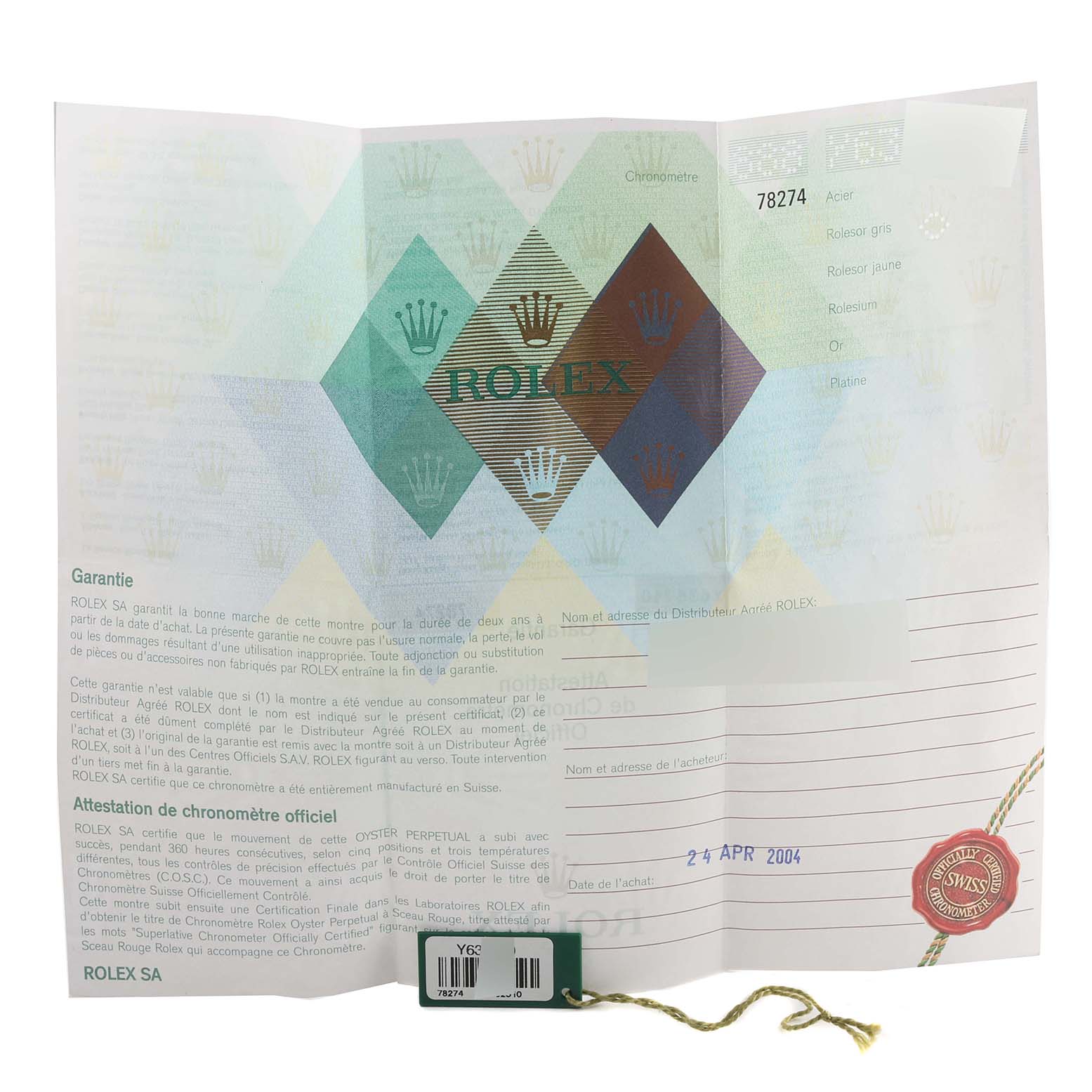 The image shows warranty paperwork and a tag for a Rolex Mid-Size 78274 Women's Stainless Steel Mother of Pearl Dial 78274 Women's Stainless Steel Mother of Pearl Dial model, serial number 78274.