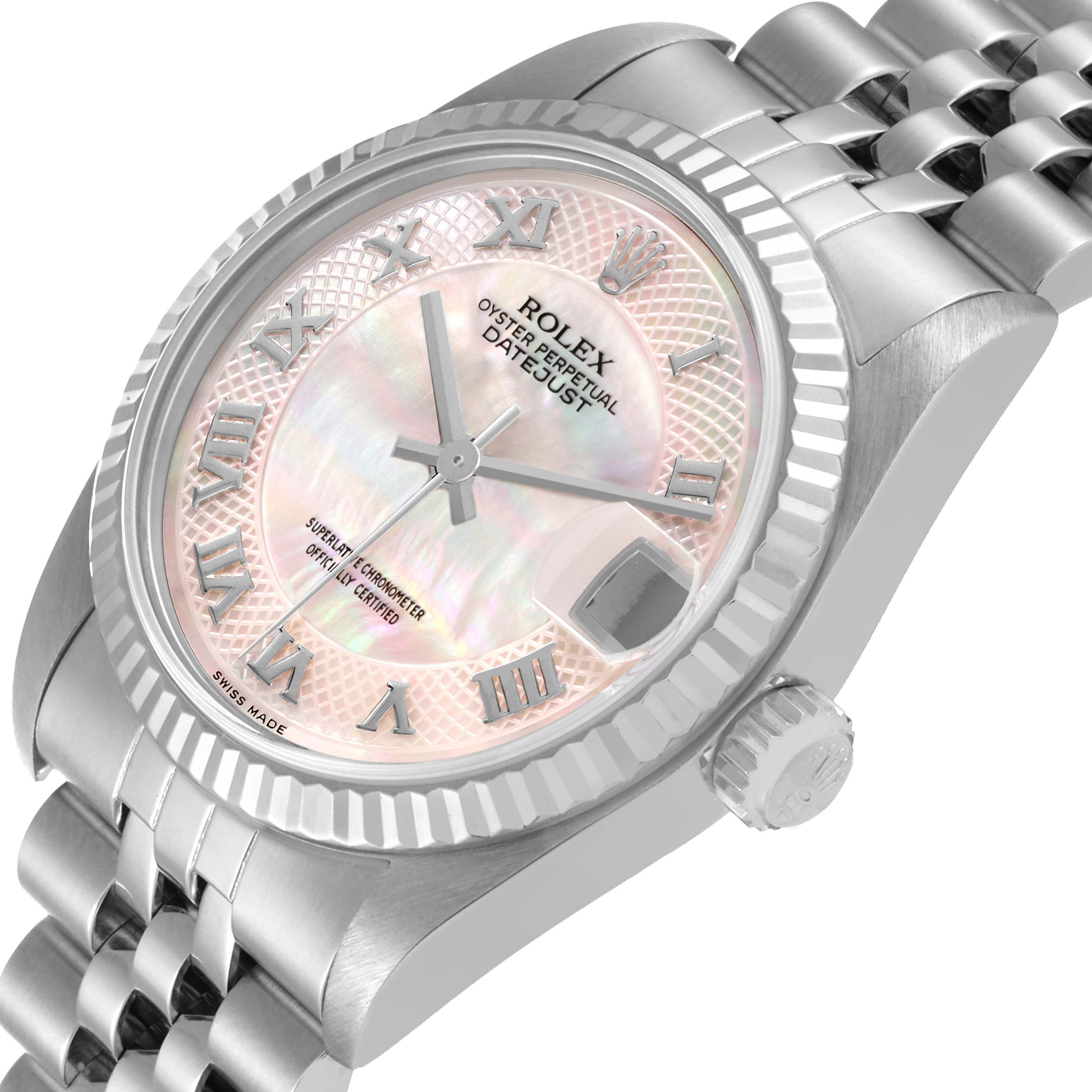 This image shows a Rolex Datejust Mid-Size watch at a slight angle, featuring the dial, case, bracelet, and crown.