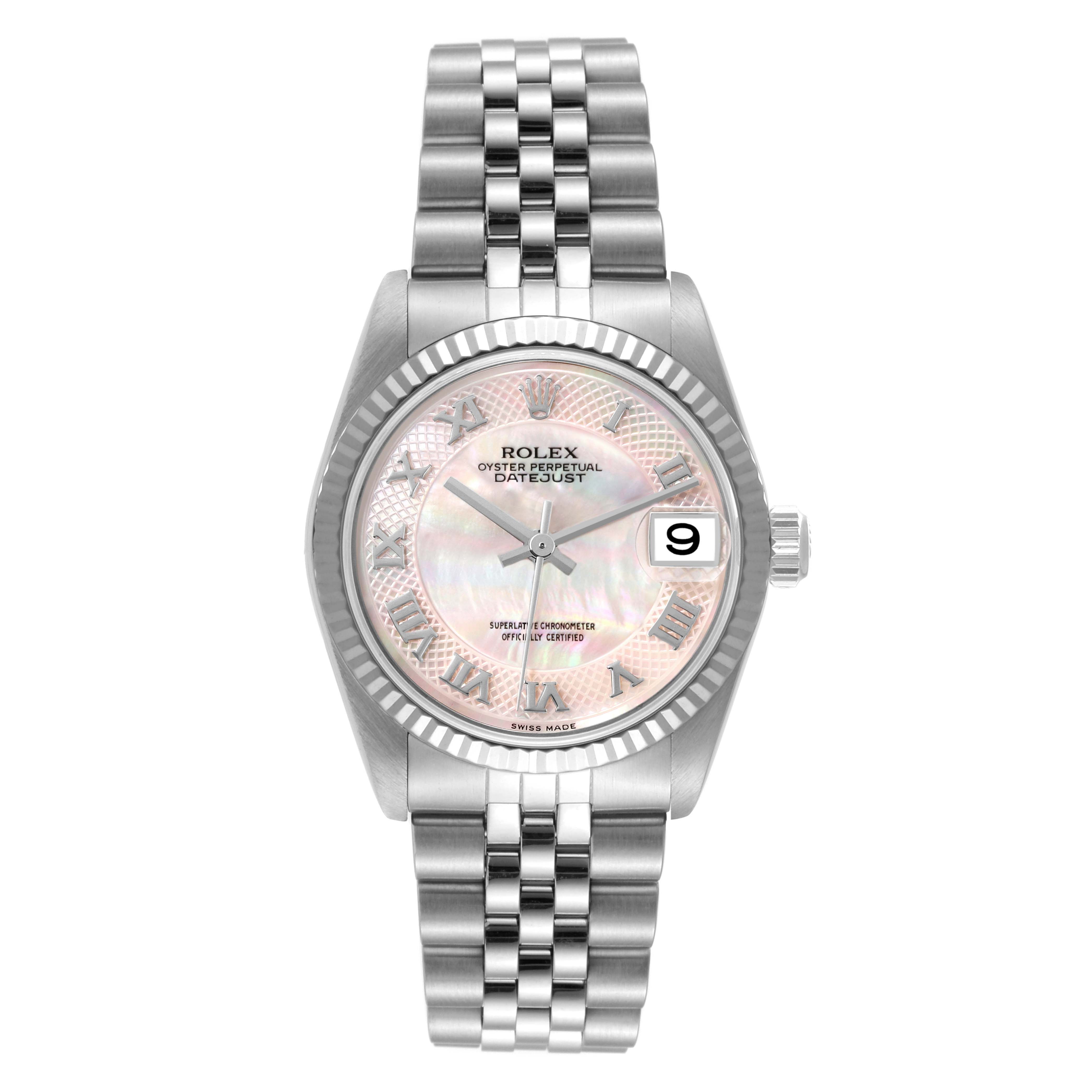 This image shows a front view of a Rolex Mid-Size 78274 Women's Stainless Steel Mother of Pearl Dial 78274 Women's Stainless Steel Mother of Pearl Dial Datejust watch, displaying its dial, bezel, and Jubilee bracelet.