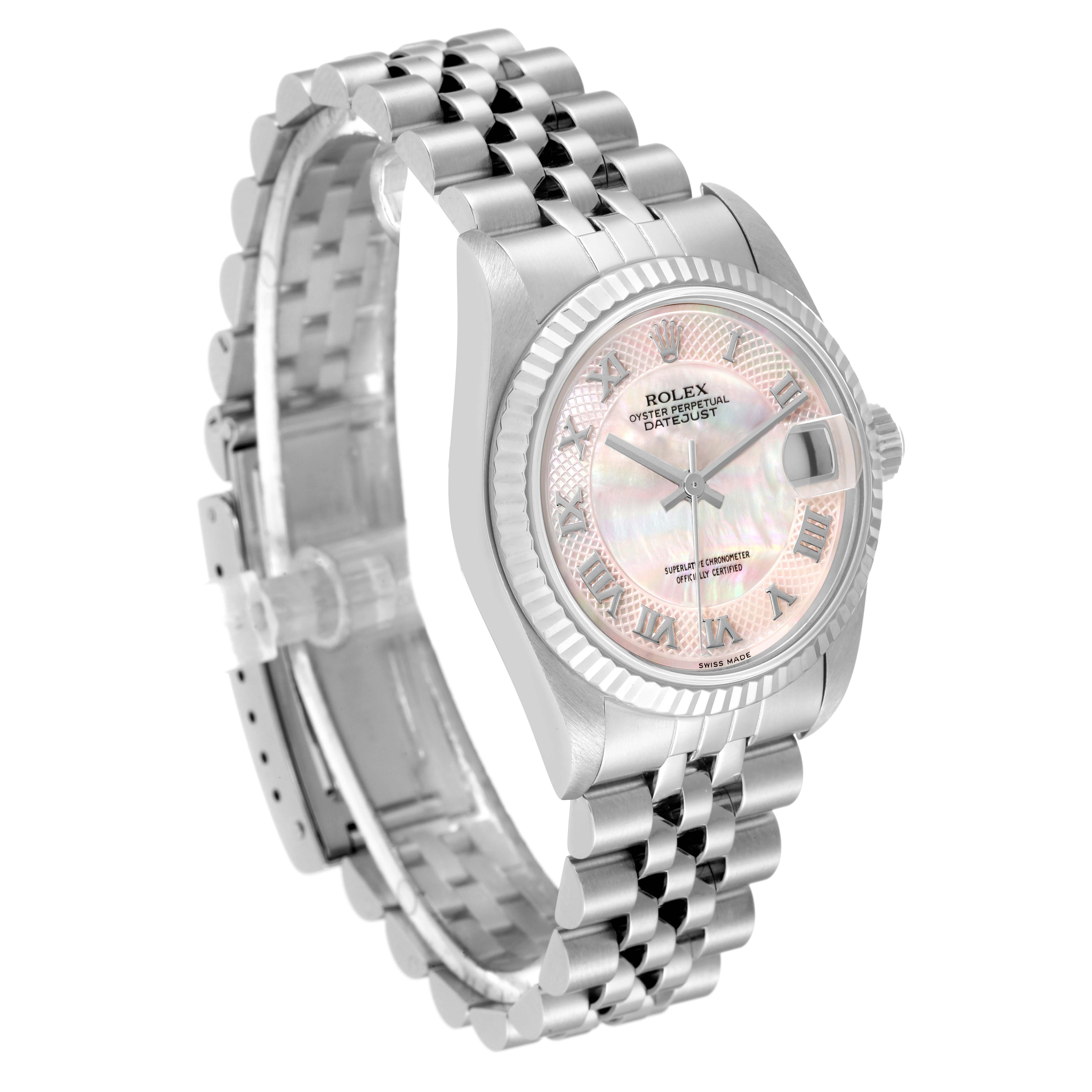 The image shows a Rolex Mid-Size 78274 Women's Stainless Steel Mother of Pearl Dial 78274 Women's Stainless Steel Mother of Pearl Dial Datejust watch from an angled front view featuring the face, bezel, and bracelet.