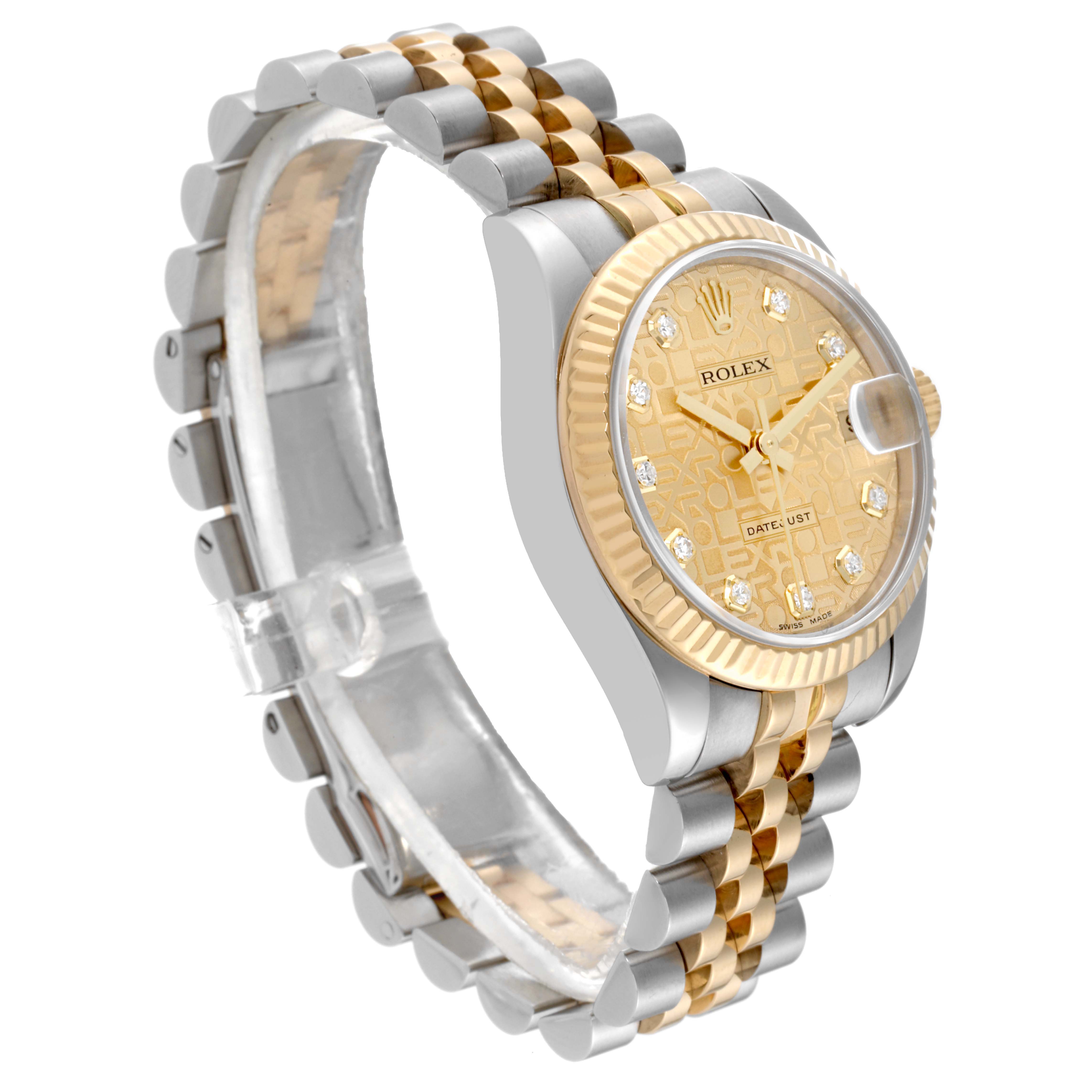 The image shows a side and angled view of a Rolex Mid-Size 178273 Women's Steel and Gold (two tone) Champagne Dial 178273 Women's Steel and Gold (two tone) Champagne Dial watch, highlighting its dial, bezel, and two-tone bracelet.