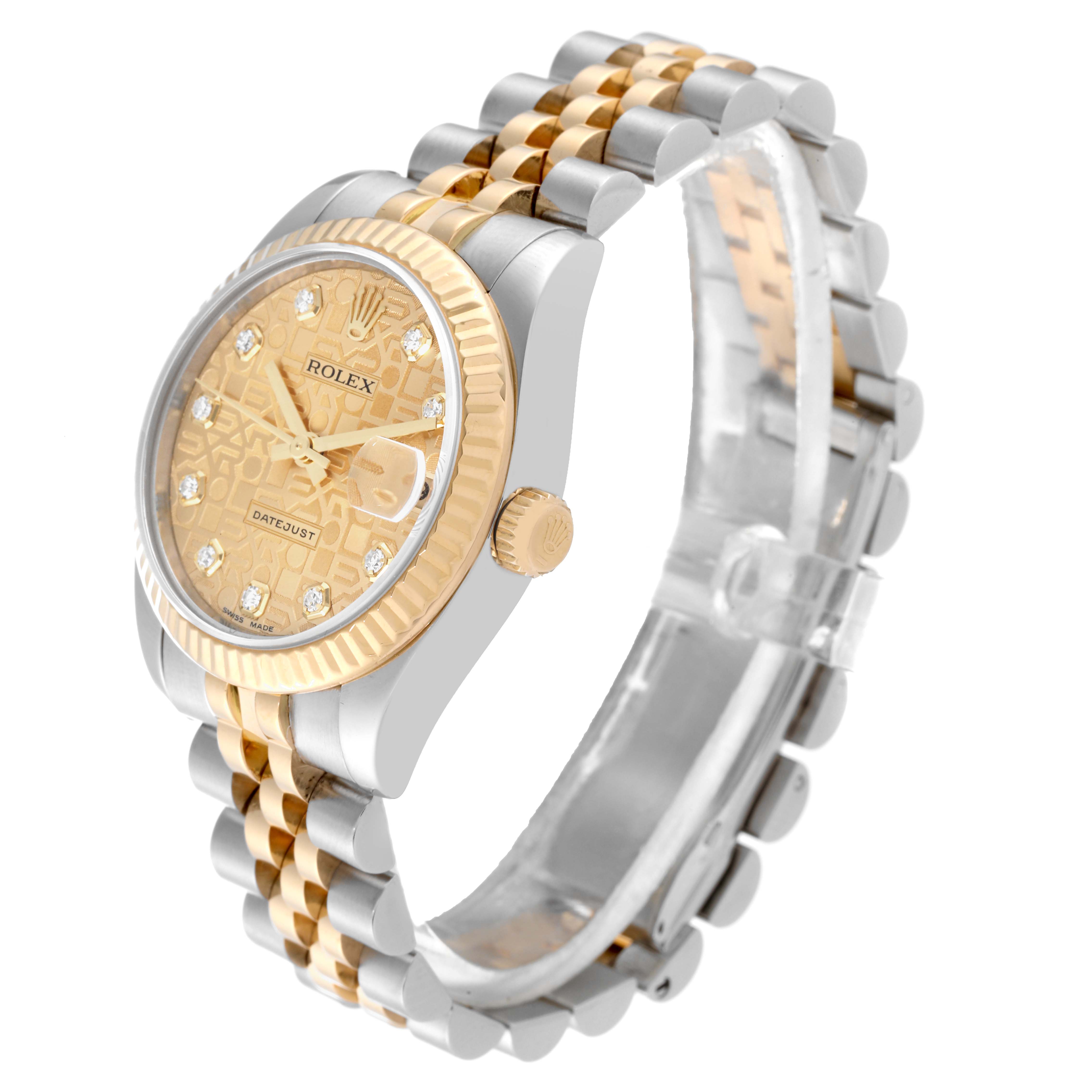 The image shows a side and front angle of a Rolex Mid-Size 178273 Women's Steel and Gold (two tone) Champagne Dial 178273 Women's Steel and Gold (two tone) Champagne Dial Datejust watch, highlighting the dial, bezel, crown, and bracelet.