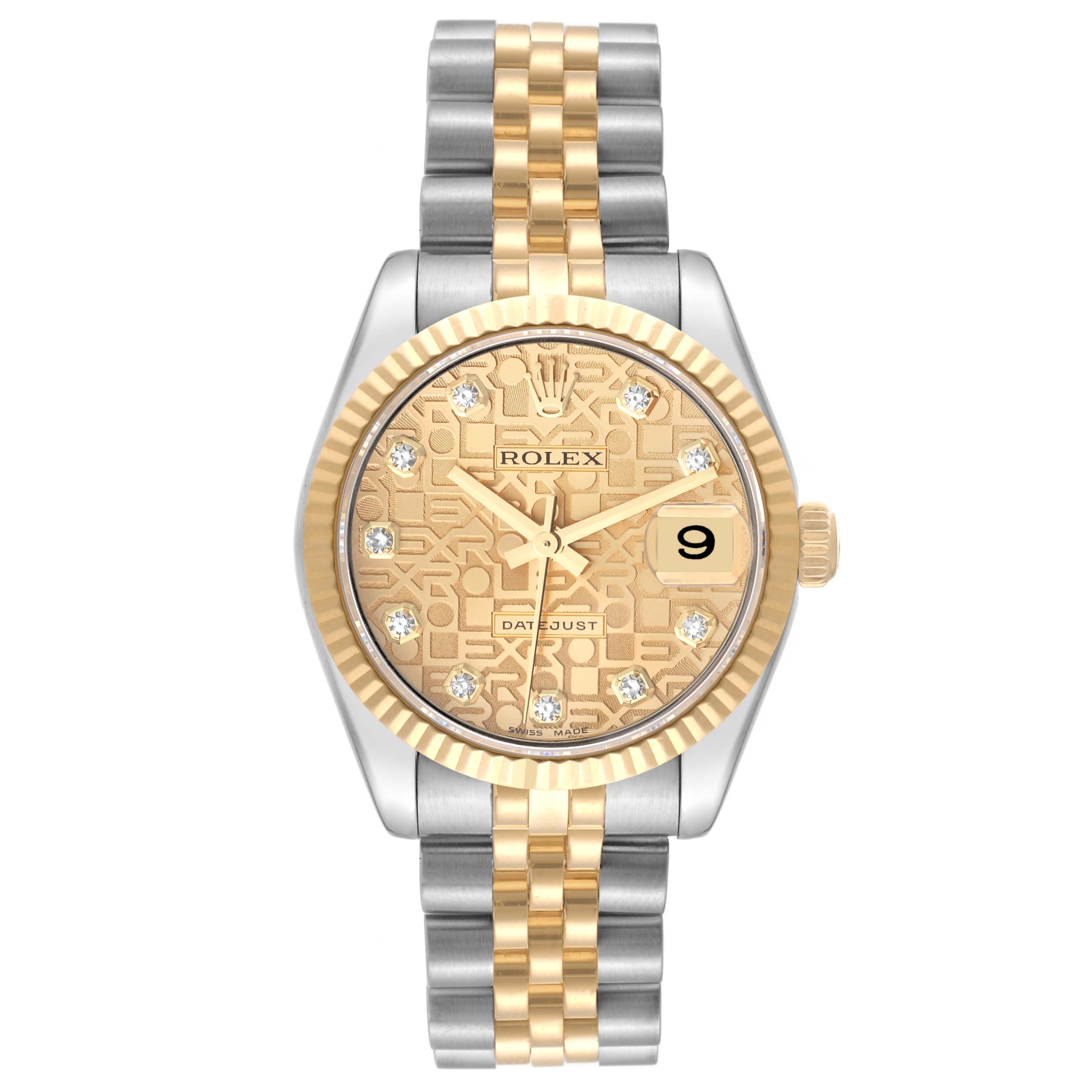 The image shows a frontal view of a Mid-Size Rolex Datejust watch with a gold and silver case and band.
