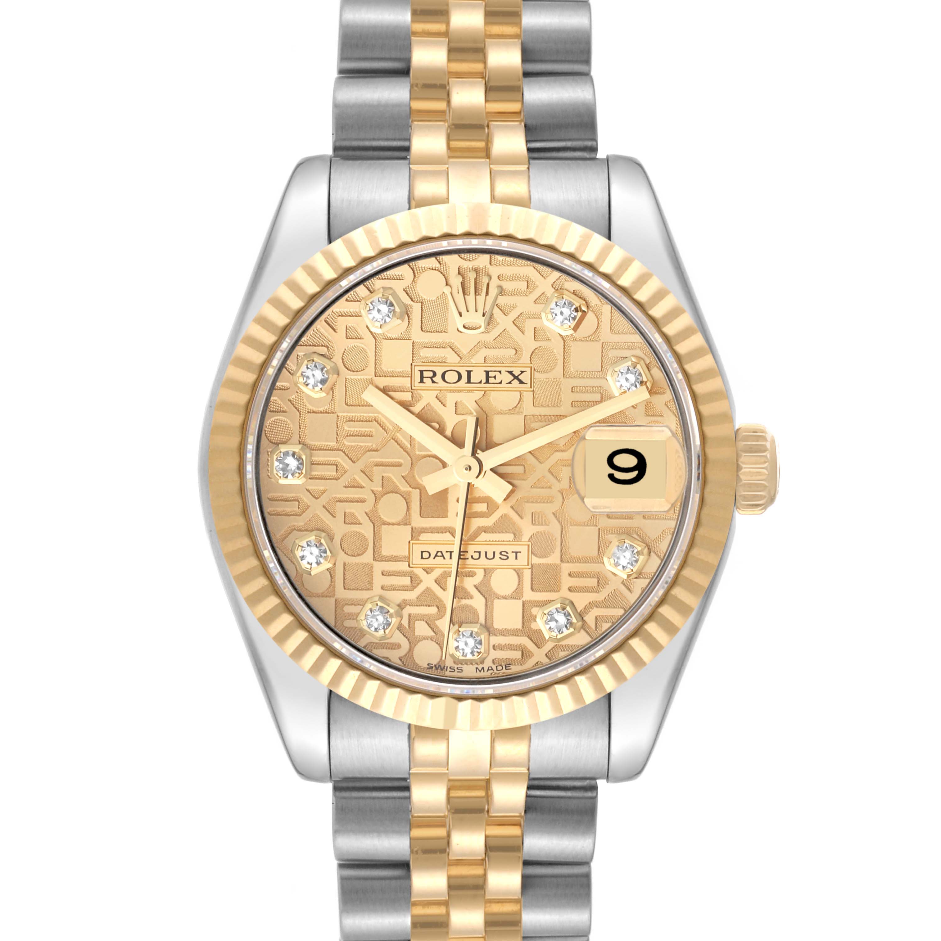 The image shows a front view of a Rolex Datejust Mid-Size model watch with a gold dial, gold and steel bracelet, and date display.