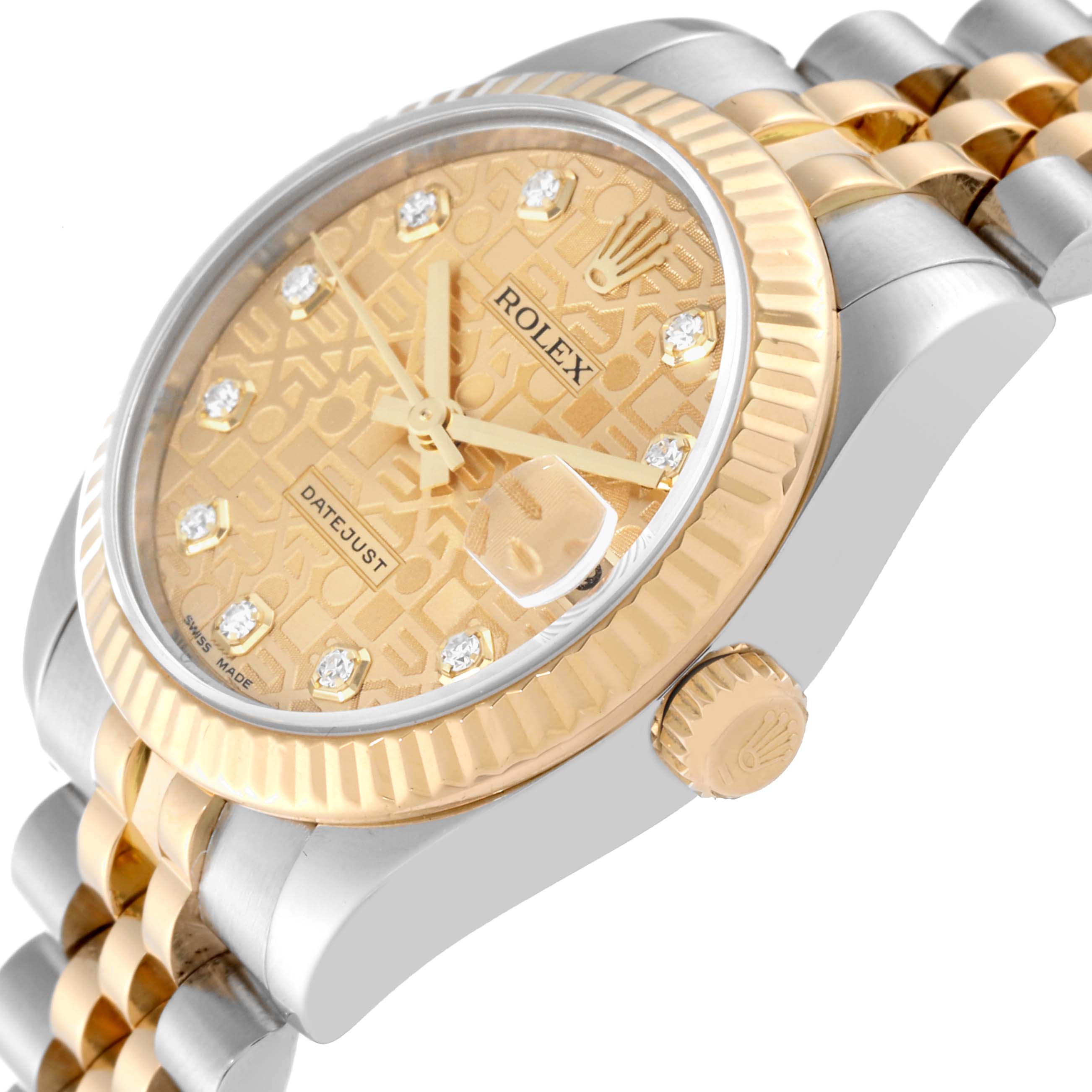 This image shows a side angle view of a Rolex Mid-Size 178273 Women's Steel and Gold (two tone) Champagne Dial 178273 Women's Steel and Gold (two tone) Champagne Dial Datejust watch, highlighting its gold and steel case, crown, and patterned dial.
