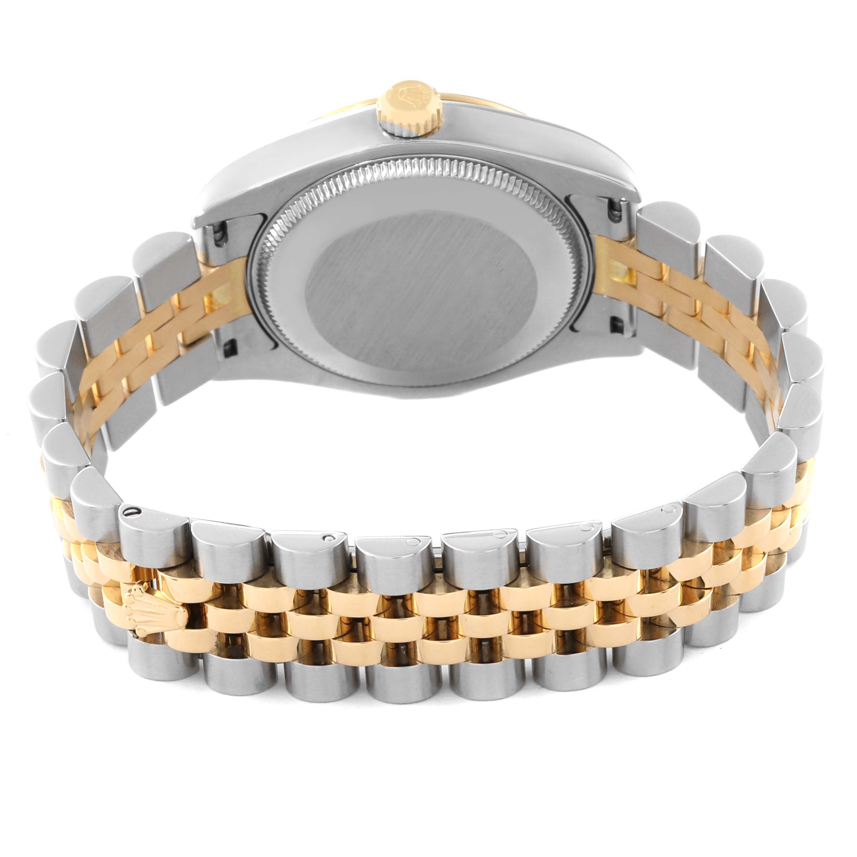 This image shows the back and bracelet of a mid-size Rolex watch, showcasing the two-tone metal design.
