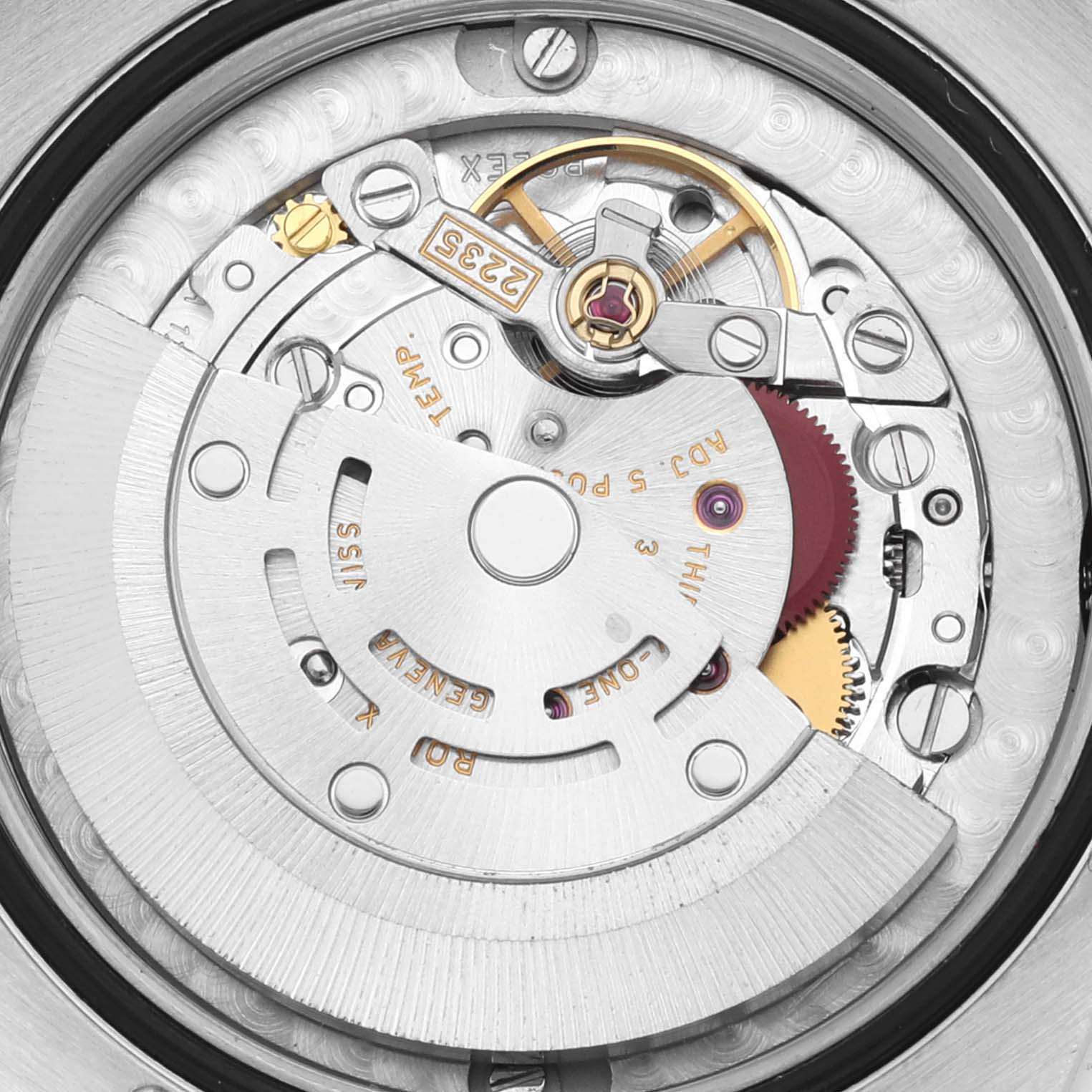This close-up image shows the intricate internal mechanism of a Rolex Mid-Size 178273 Women's Steel and Gold (two tone) Champagne Dial 178273 Women's Steel and Gold (two tone) Champagne Dial model watch.