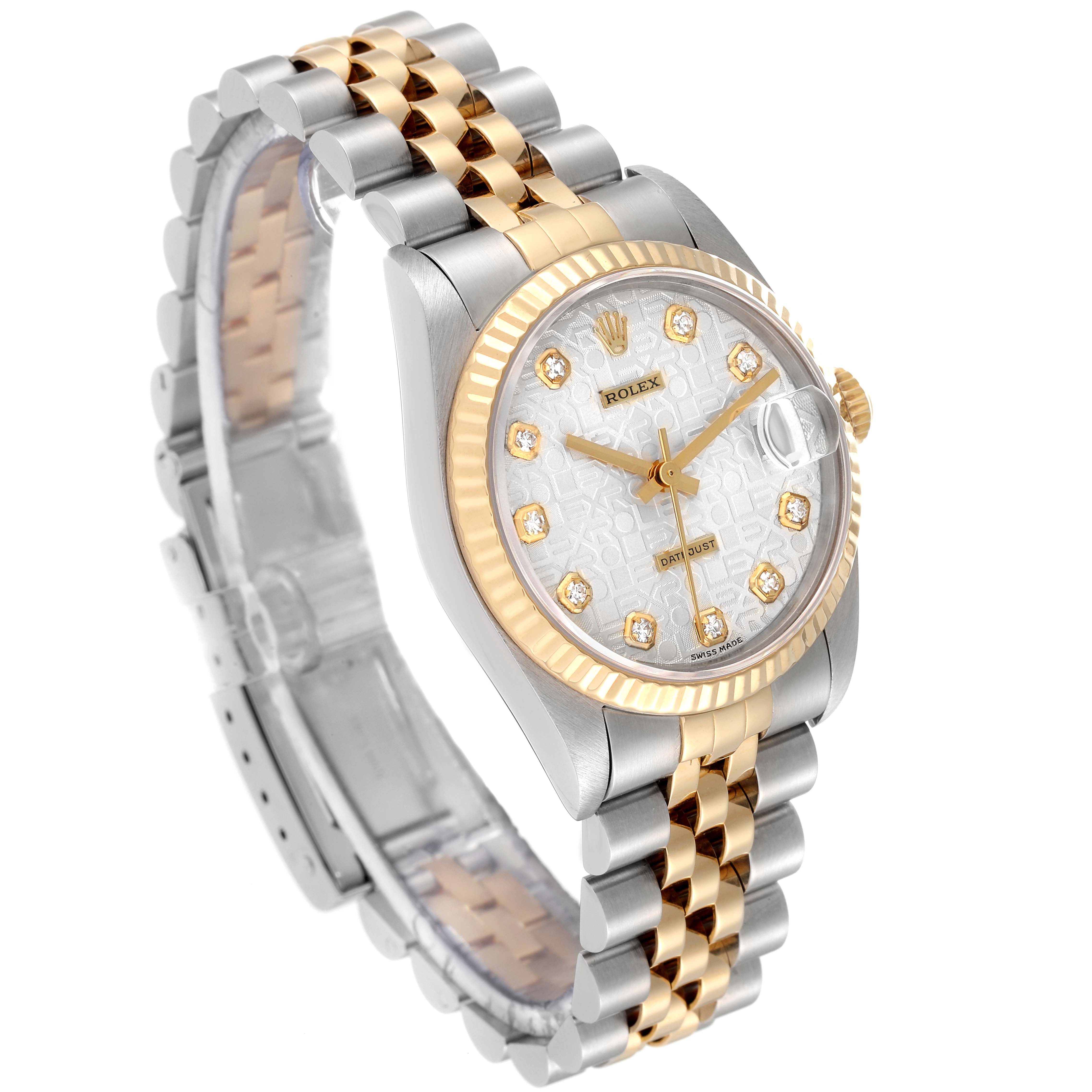 This image shows a Rolex Mid-Size 78273 Women
s Steel and Gold (two tone) Silver Dial 78273 Women
s Steel and Gold (two tone) Silver Dial model watch from an angle highlighting the face, bezel, and bracelet.
