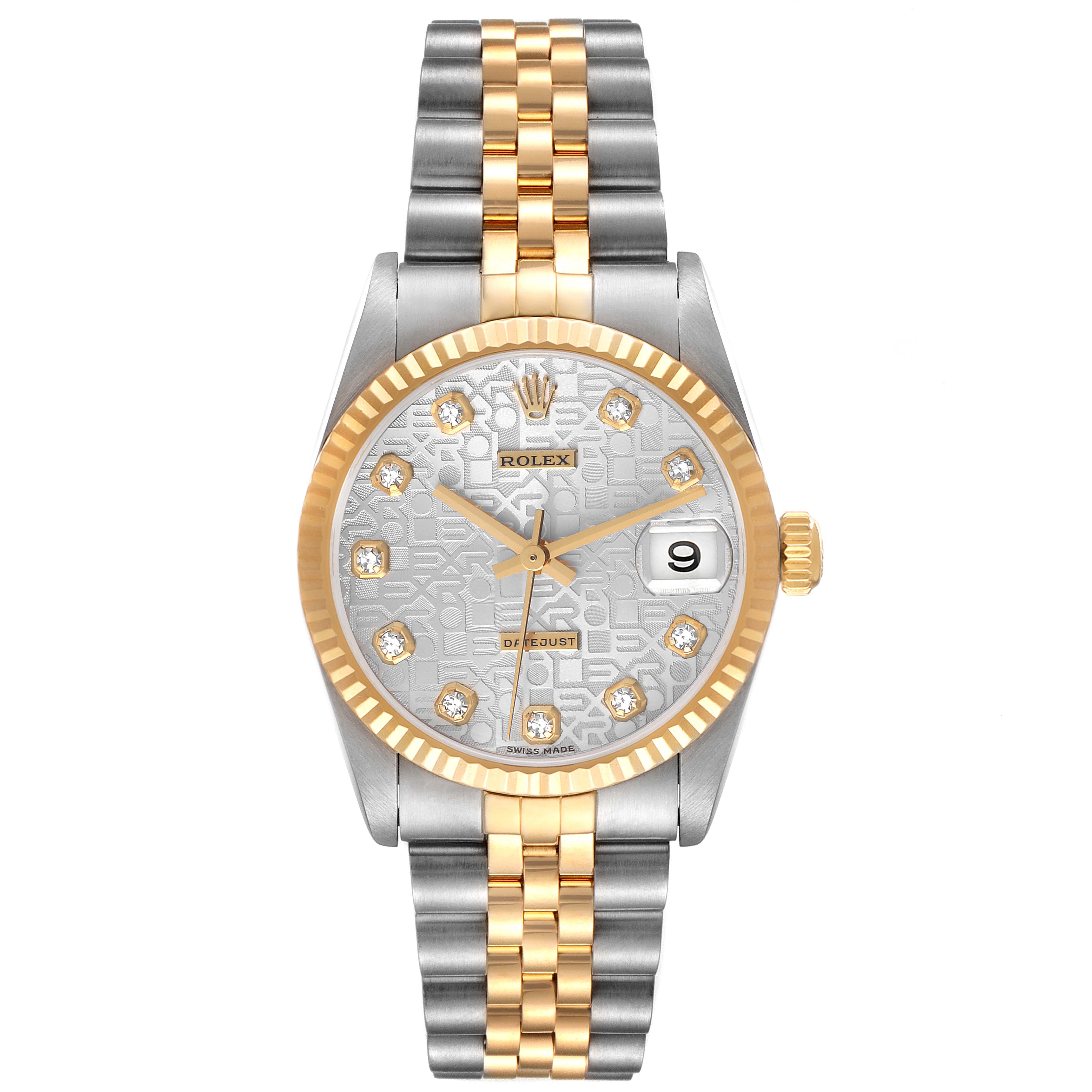 This image shows a front view of a mid-size Rolex watch, featuring a two-tone bracelet, fluted bezel, and date display.