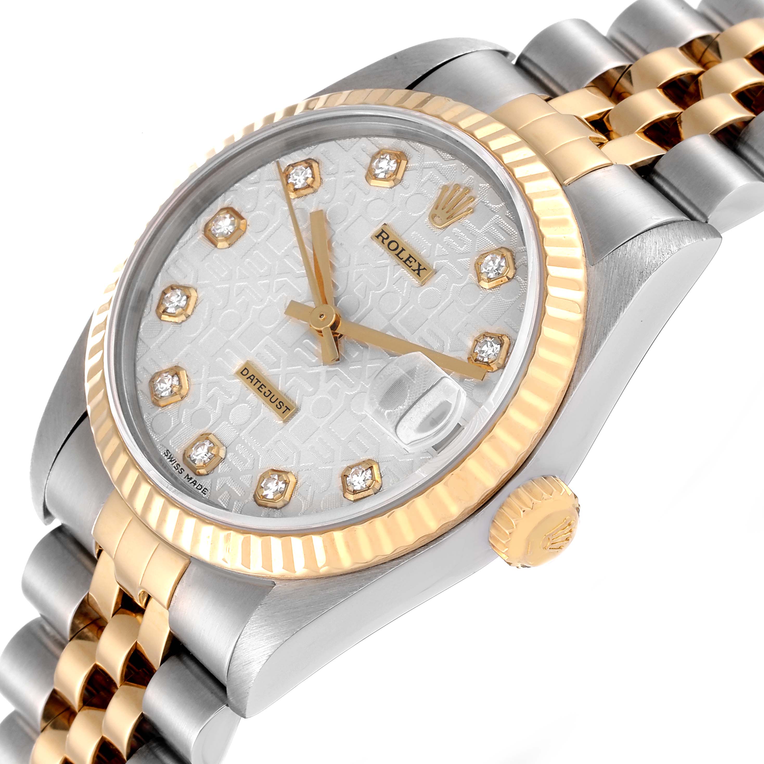The image shows a close-up angle of the Rolex Mid-Size 78273 Women
s Steel and Gold (two tone) Silver Dial 78273 Women
s Steel and Gold (two tone) Silver Dial Datejust watch, highlighting its face, crown, and part of the two-tone bracelet.