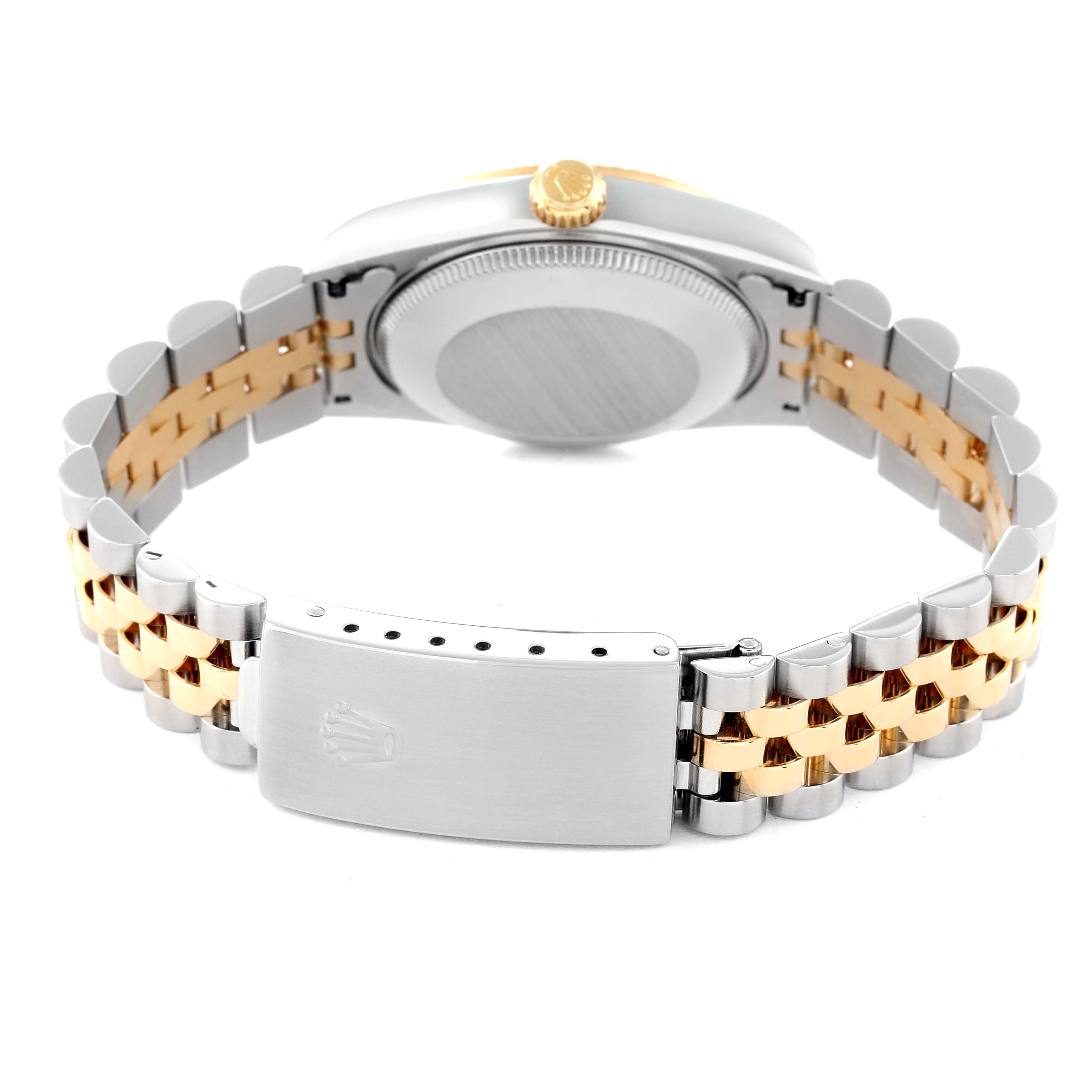 The image shows the back view of a Rolex Mid-Size 78273 Women
s Steel and Gold (two tone) Silver Dial 78273 Women
s Steel and Gold (two tone) Silver Dial model watch, focusing on the clasp, bracelet, and case back.