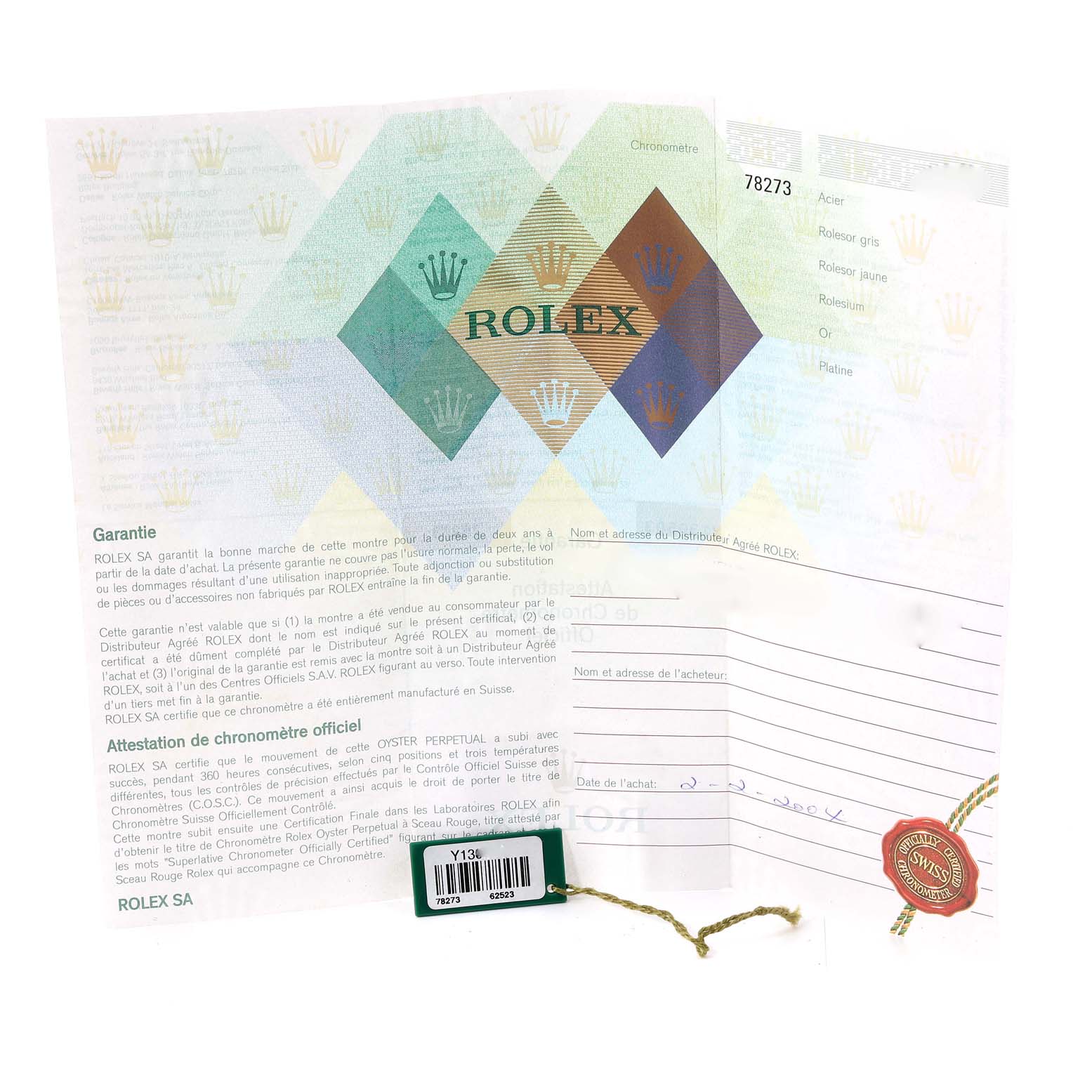 The image shows the warranty and Best Quality
ity papers for a Rolex Mid-Size 78273 Women
s Steel and Gold (two tone) Silver Dial 78273 Women
s Steel and Gold (two tone) Silver Dial model, along with the attached tags.