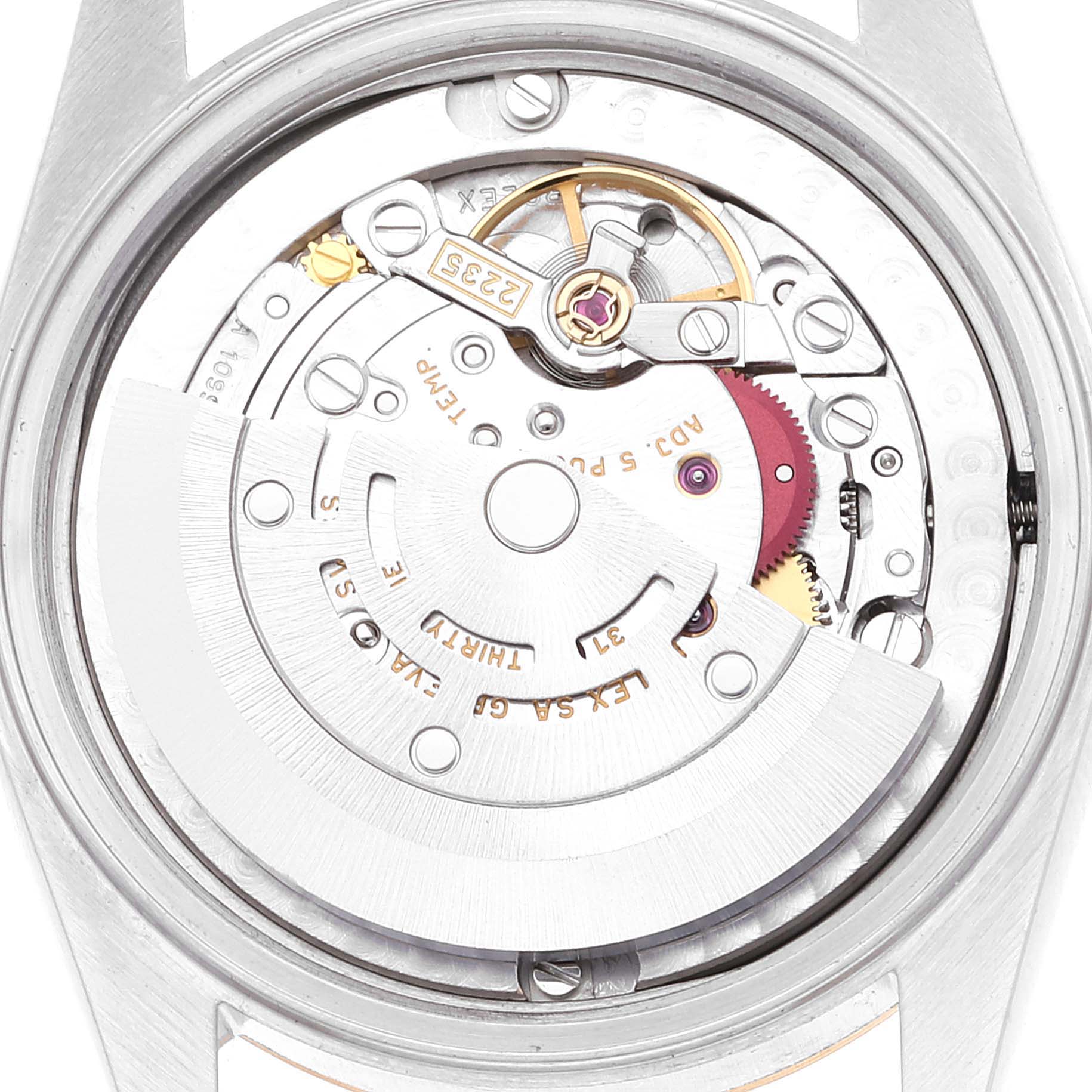 This image shows the internal mechanism of a Mid-Size Rolex watch, viewed from the back with the case removed.