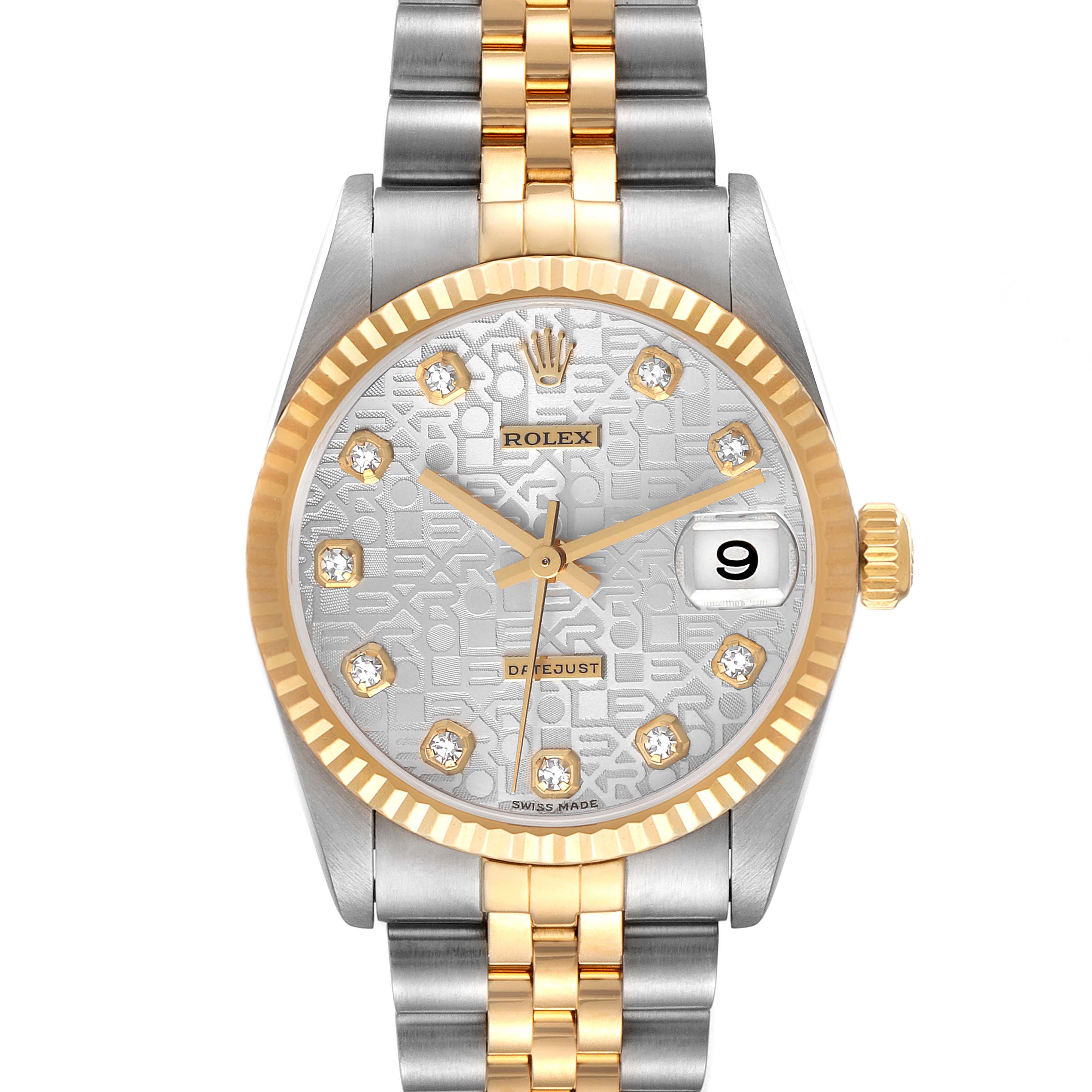 The image shows a frontal view of a Mid-Size Rolex Datejust watch featuring a gold and silver bracelet and a diamond-studded dial.
