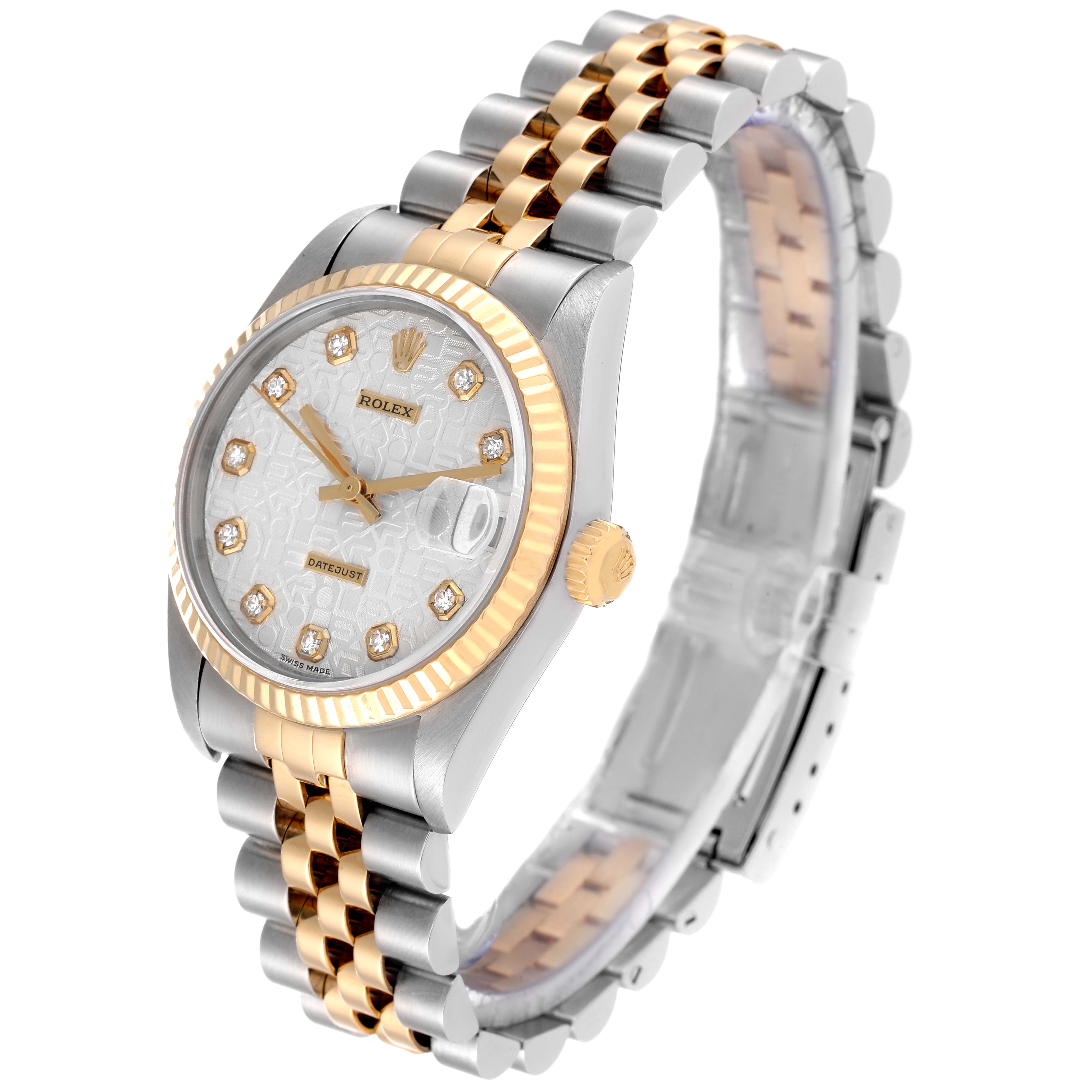 This image shows a Rolex Mid-Size 78273 Women
s Steel and Gold (two tone) Silver Dial 78273 Women
s Steel and Gold (two tone) Silver Dial model watch at an angled view, highlighting the face, bezel, and band.
