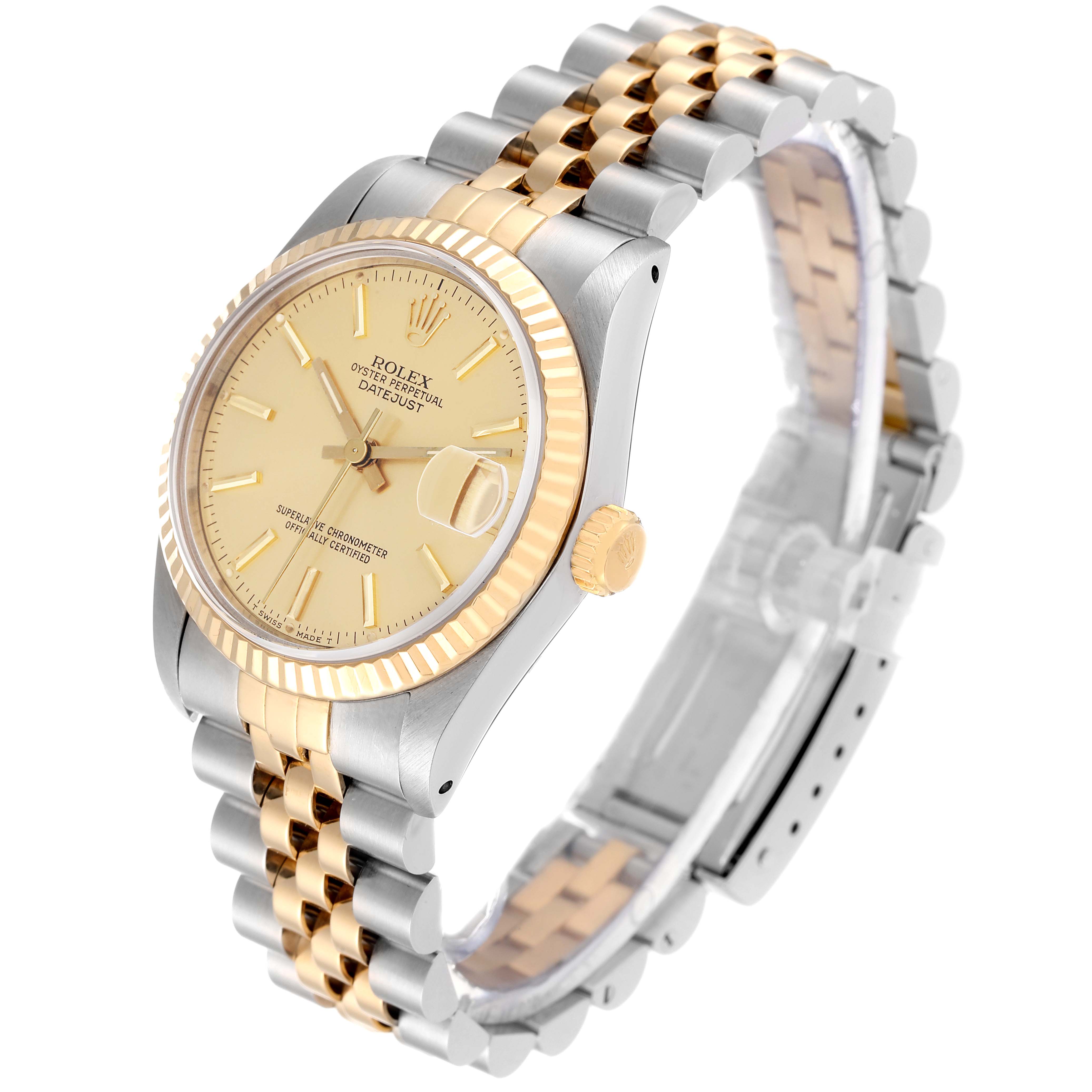 The image shows a Rolex Mid-Size 68273 Women's Stainless Steel Champagne Dial 68273 Women's Stainless Steel Champagne Dial Datejust watch at a three-quarter angle highlighting the face, bezel, and two-tone bracelet.