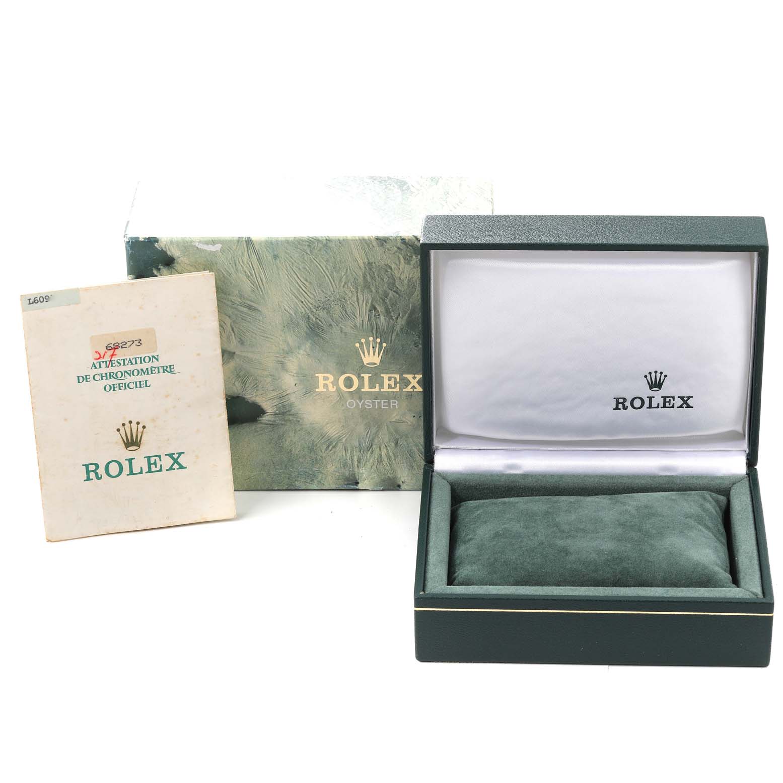 The image shows the packaging and certificate for a Mid-Size Rolex watch, including the box and official booklet.