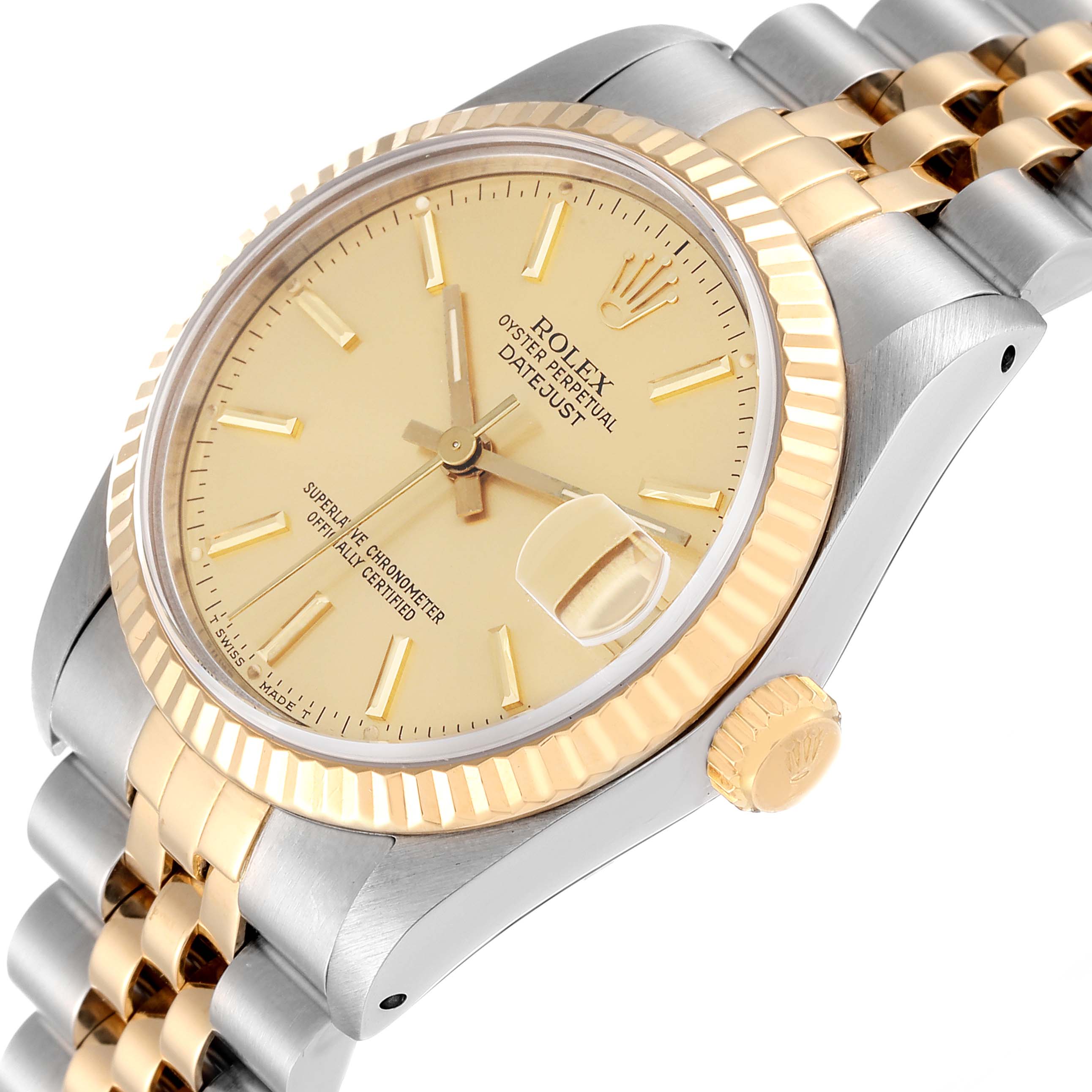 The Rolex Mid-Size 68273 Women's Stainless Steel Champagne Dial 68273 Women's Stainless Steel Champagne Dial Datejust watch is shown at a slight angle, highlighting the face, bezel, crown, and part of the bracelet.