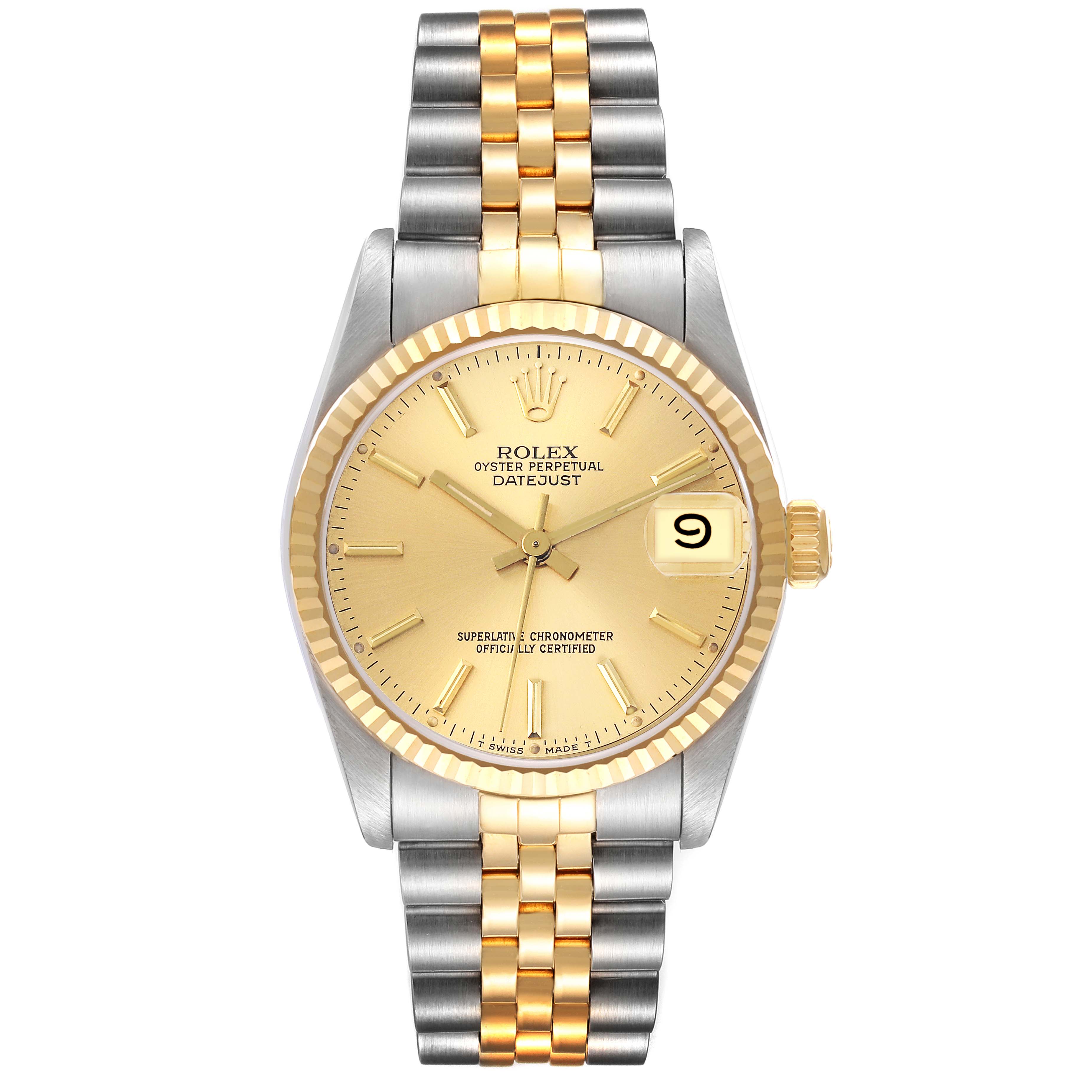 The image shows a frontal view of a Rolex Oyster Perpetual Datejust Mid-Size watch with a two-tone bracelet and a gold dial.