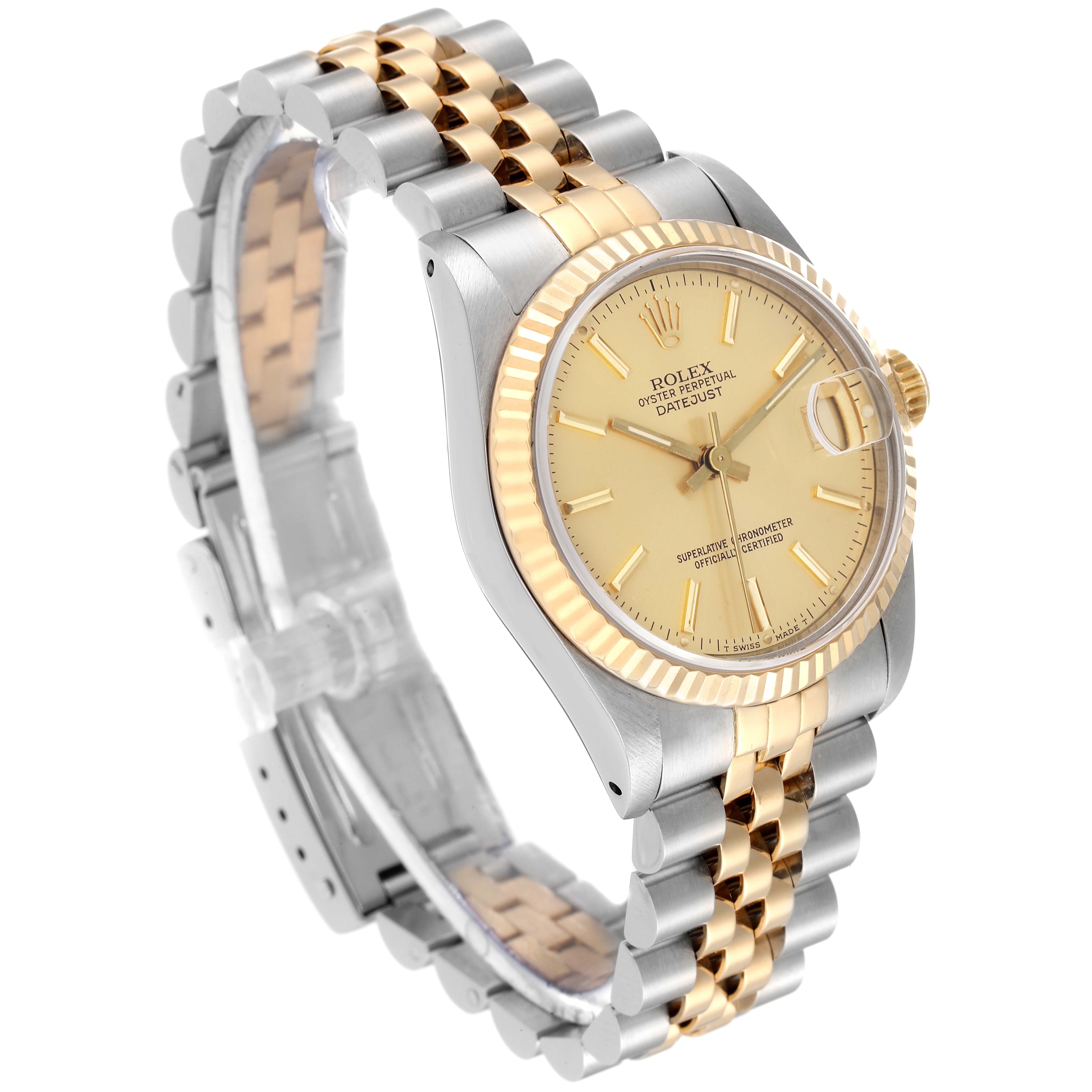 This image shows a side angle of the Rolex Mid-Size 68273 Women's Stainless Steel Champagne Dial 68273 Women's Stainless Steel Champagne Dial Datejust, highlighting its two-tone bracelet and gold dial.