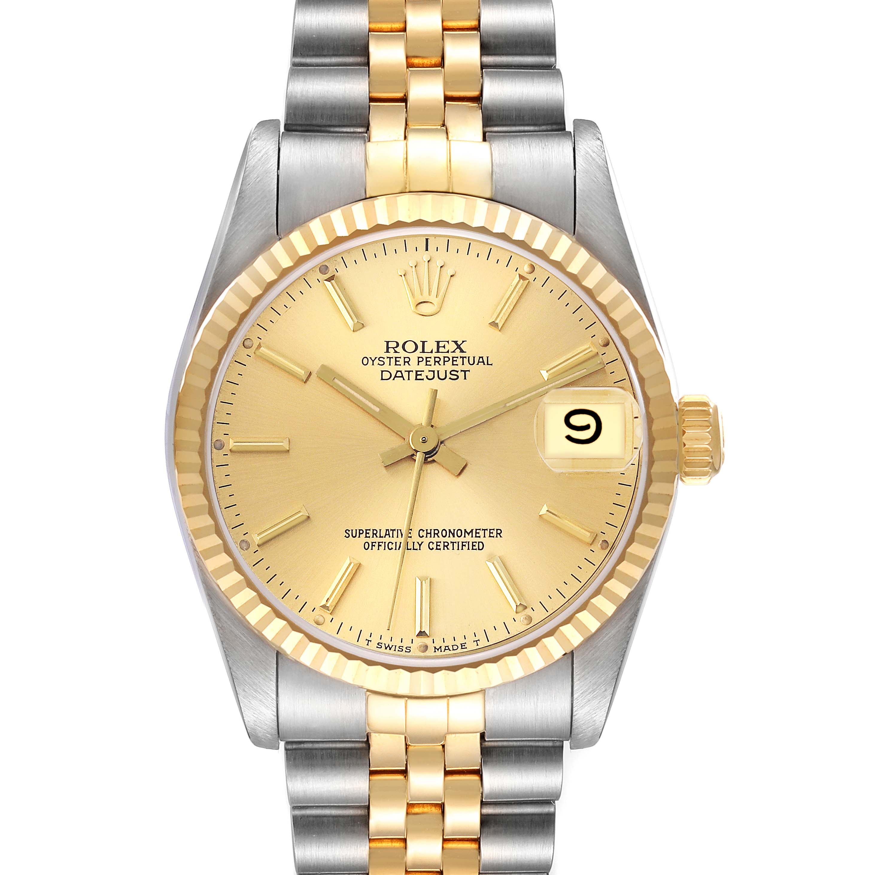 The image shows a front view of the Rolex Mid-Size 68273 Women's Stainless Steel Champagne Dial 68273 Women's Stainless Steel Champagne Dial Datejust watch with a gold dial, date window, and two-tone bracelet.