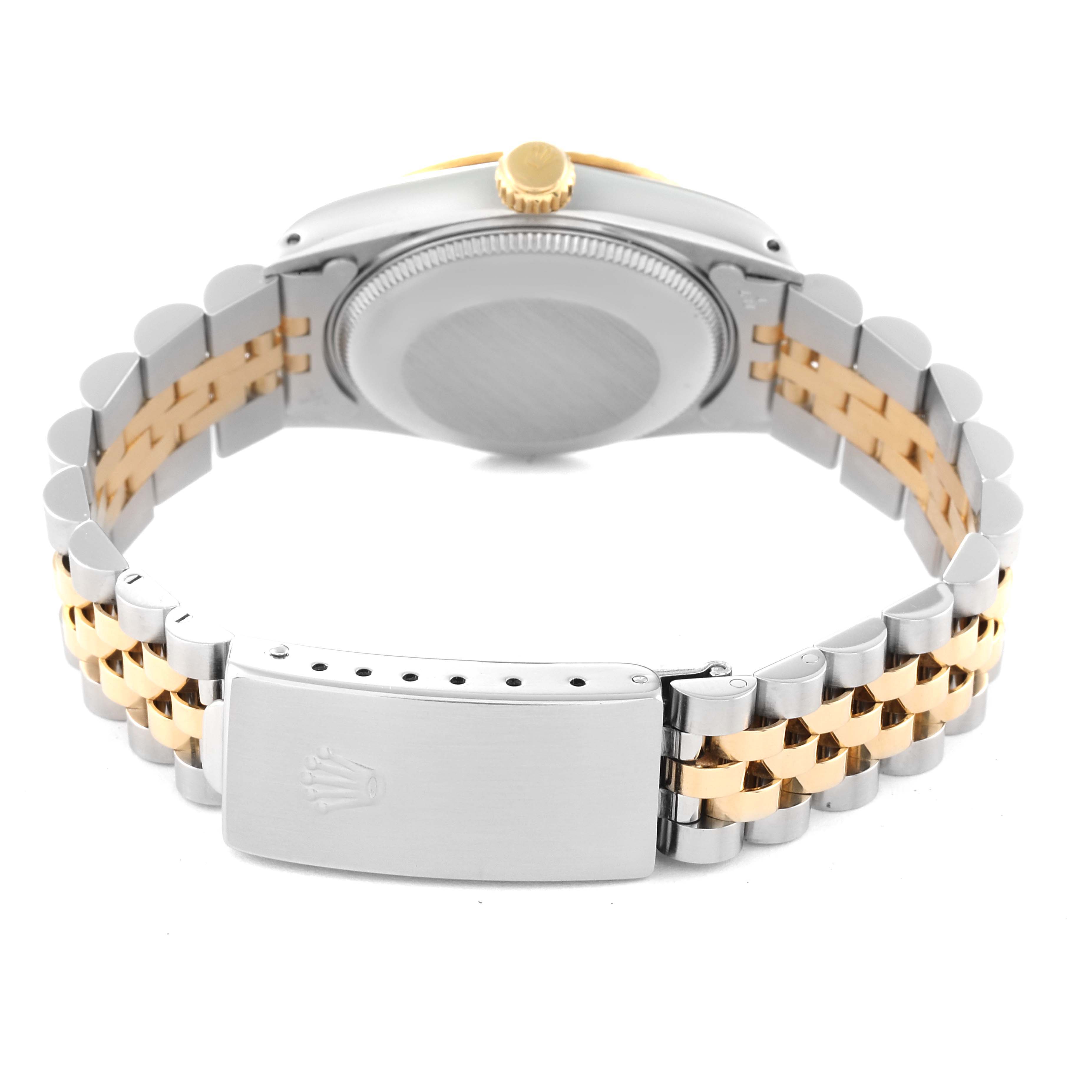 This image shows the back view of the Rolex Mid-Size 68273 Women's Stainless Steel Champagne Dial 68273 Women's Stainless Steel Champagne Dial watch focusing on the case back, bracelet, and clasp.
