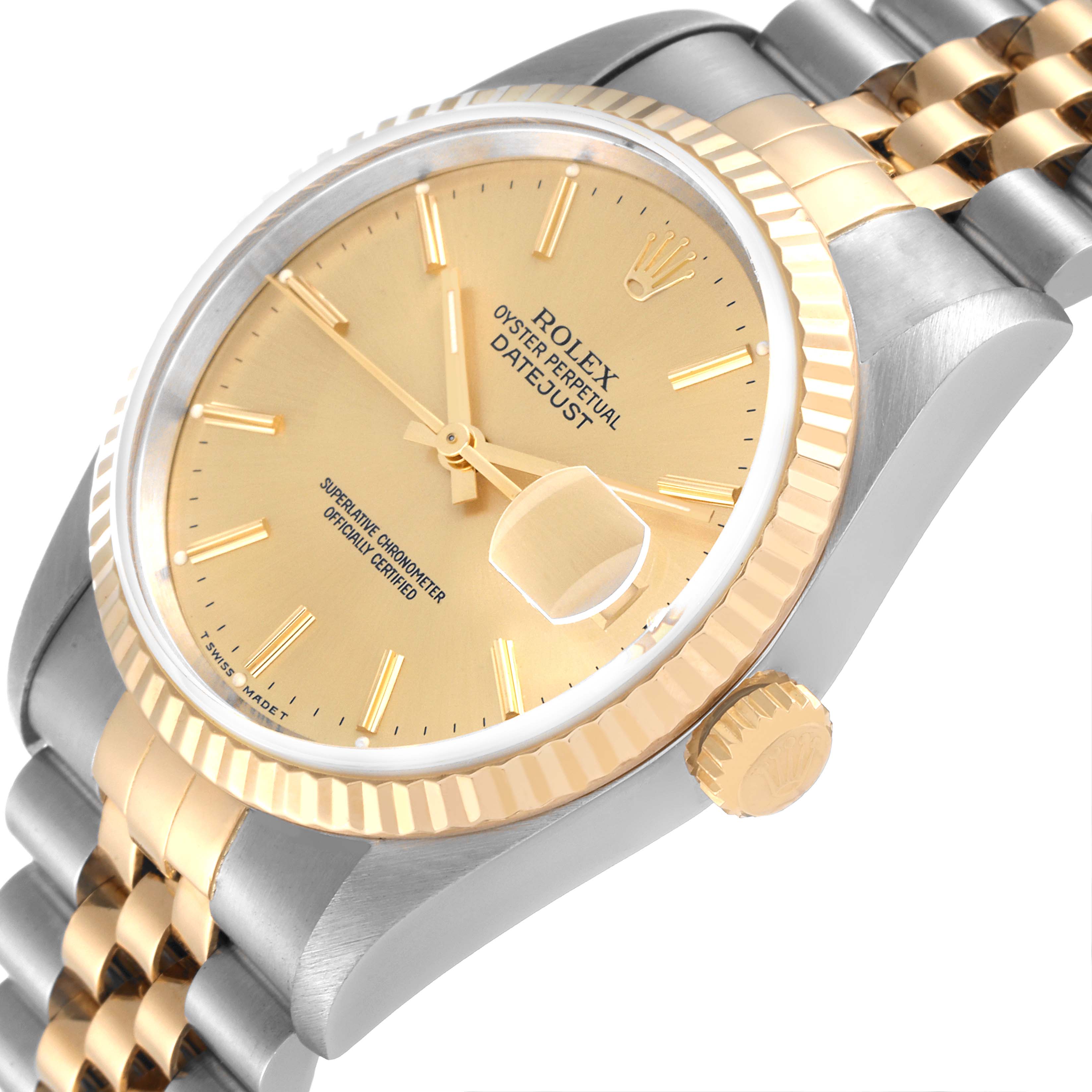 The image shows a close-up angled view of the Rolex Datejust 16233 Men's Steel and Gold (two tone) Champagne Dial 16233 Men's Steel and Gold (two tone) Champagne Dial, highlighting the face, bezel, crown, and part of the two-tone bracelet.