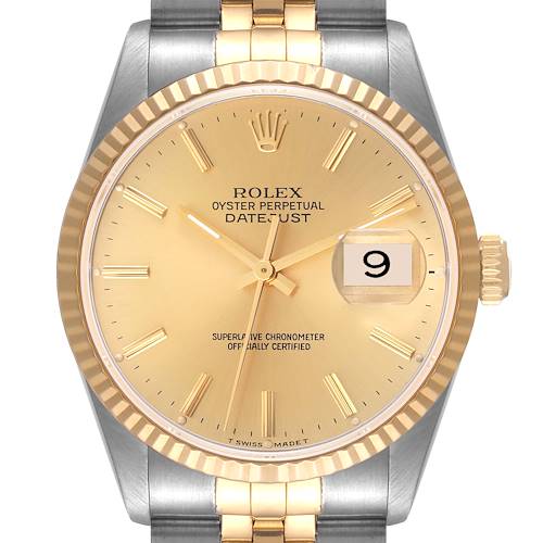 The image shows a frontal view of a Rolex Datejust watch, highlighting the dial, bezel, and part of the bracelet.