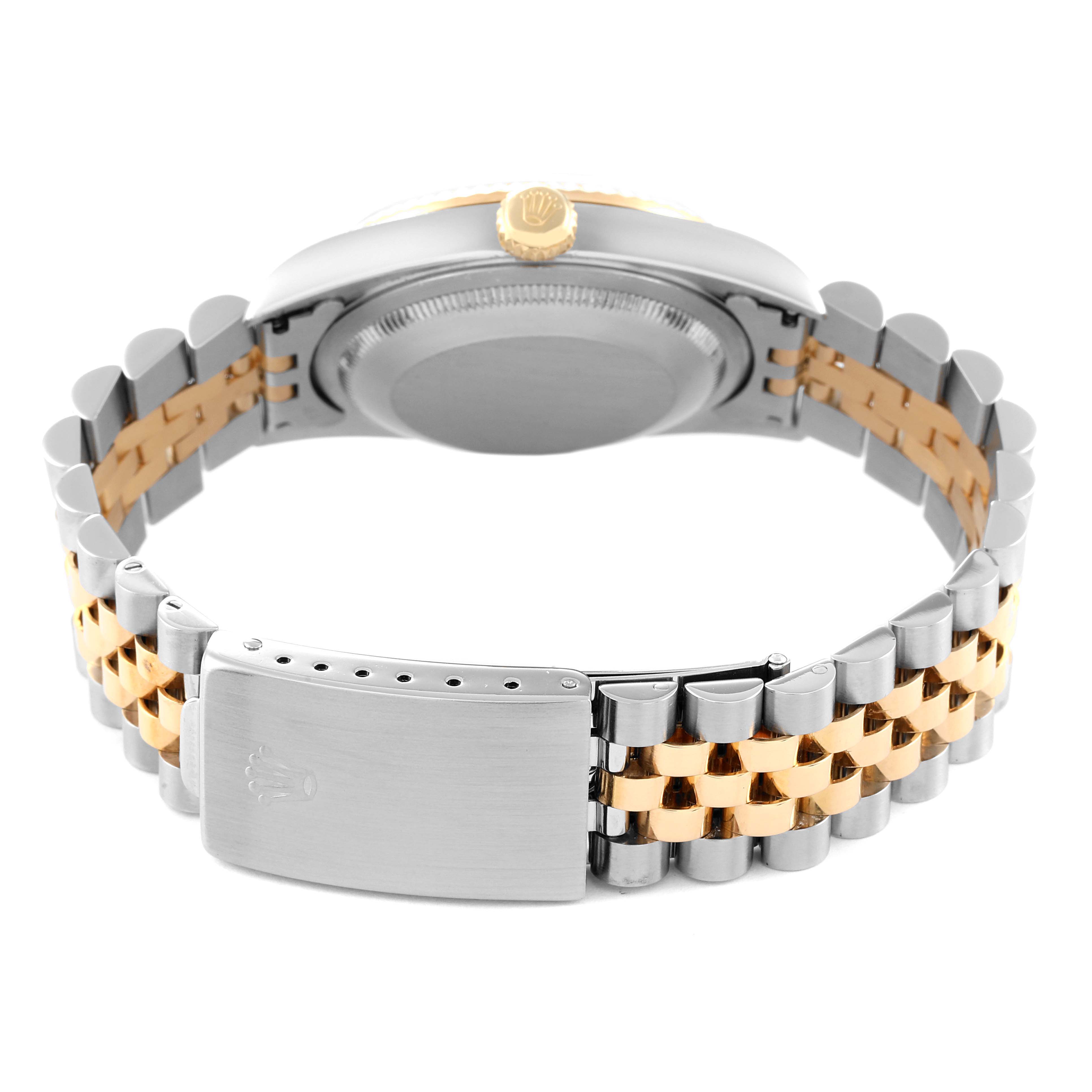 The image shows the back of a Rolex Datejust 16233 Men's Steel and Gold (two tone) Champagne Dial 16233 Men's Steel and Gold (two tone) Champagne Dial watch, highlighting the case back, crown, and two-tone Jubilee bracelet.