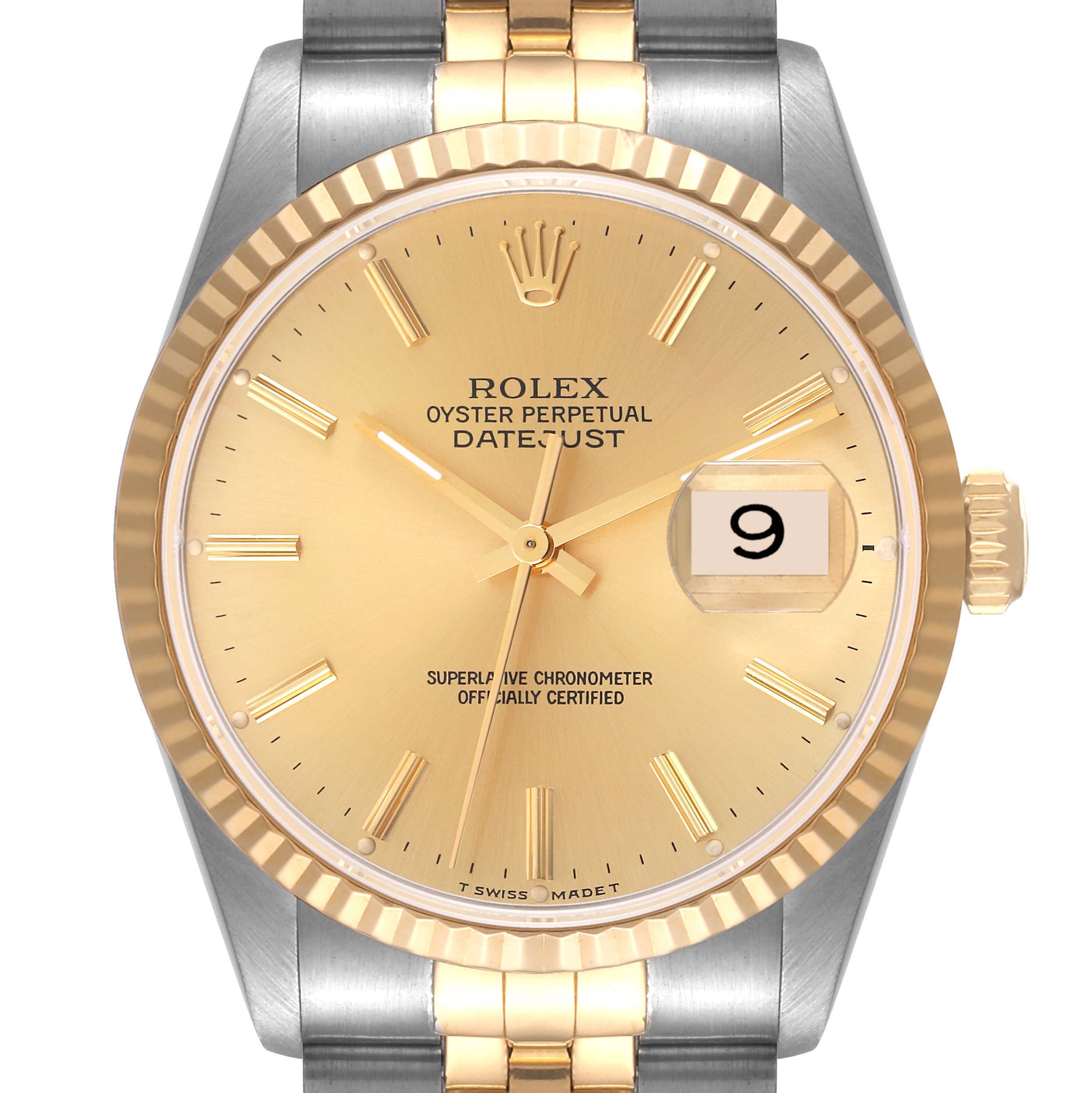 This is a frontal view of the Rolex Datejust 16233 Men's Steel and Gold (two tone) Champagne Dial 16233 Men's Steel and Gold (two tone) Champagne Dial watch showing the dial, bezel, crown, and part of the bracelet.