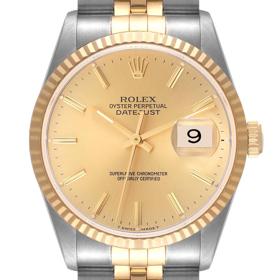 This is a frontal view of the Rolex Datejust watch showing the dial, bezel, crown, and part of the bracelet.