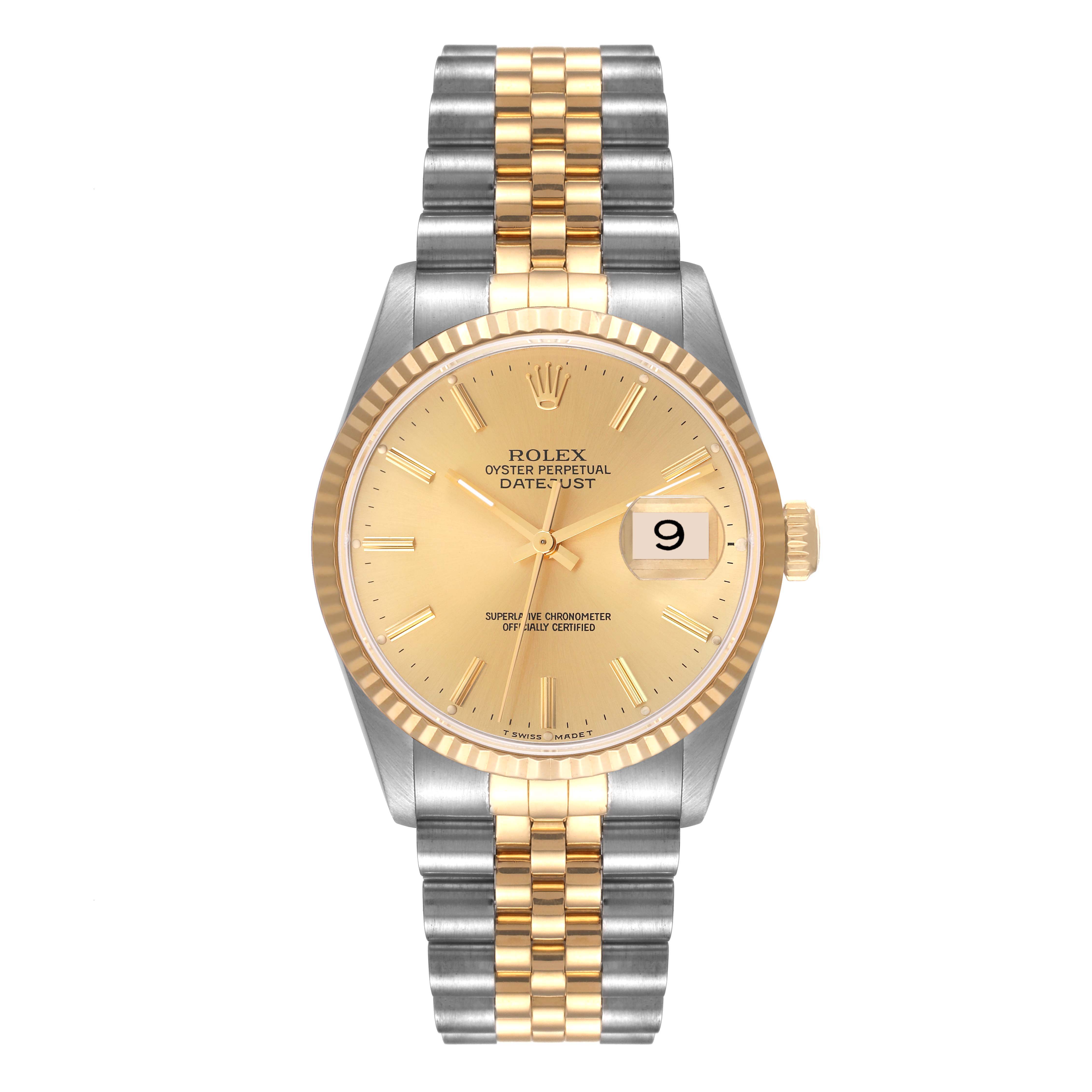 The image shows a Rolex Datejust 16233 Men's Steel and Gold (two tone) Champagne Dial 16233 Men's Steel and Gold (two tone) Champagne Dial watch from a front angle featuring a gold dial and a two-tone bracelet.