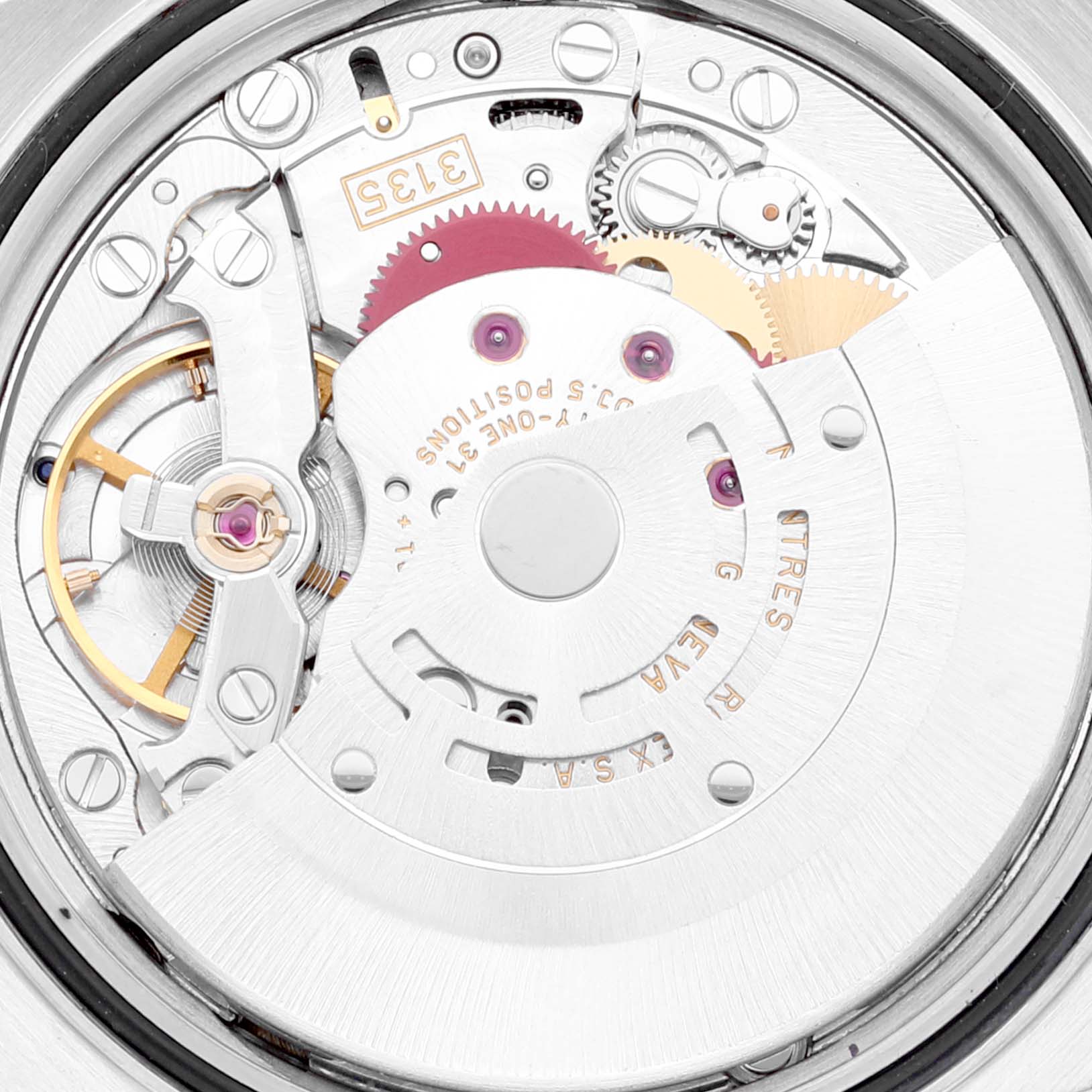 This image shows the internal mechanism of a Rolex Datejust 16233 Men's Steel and Gold (two tone) Champagne Dial 16233 Men's Steel and Gold (two tone) Champagne Dial watch from a close-up angle.