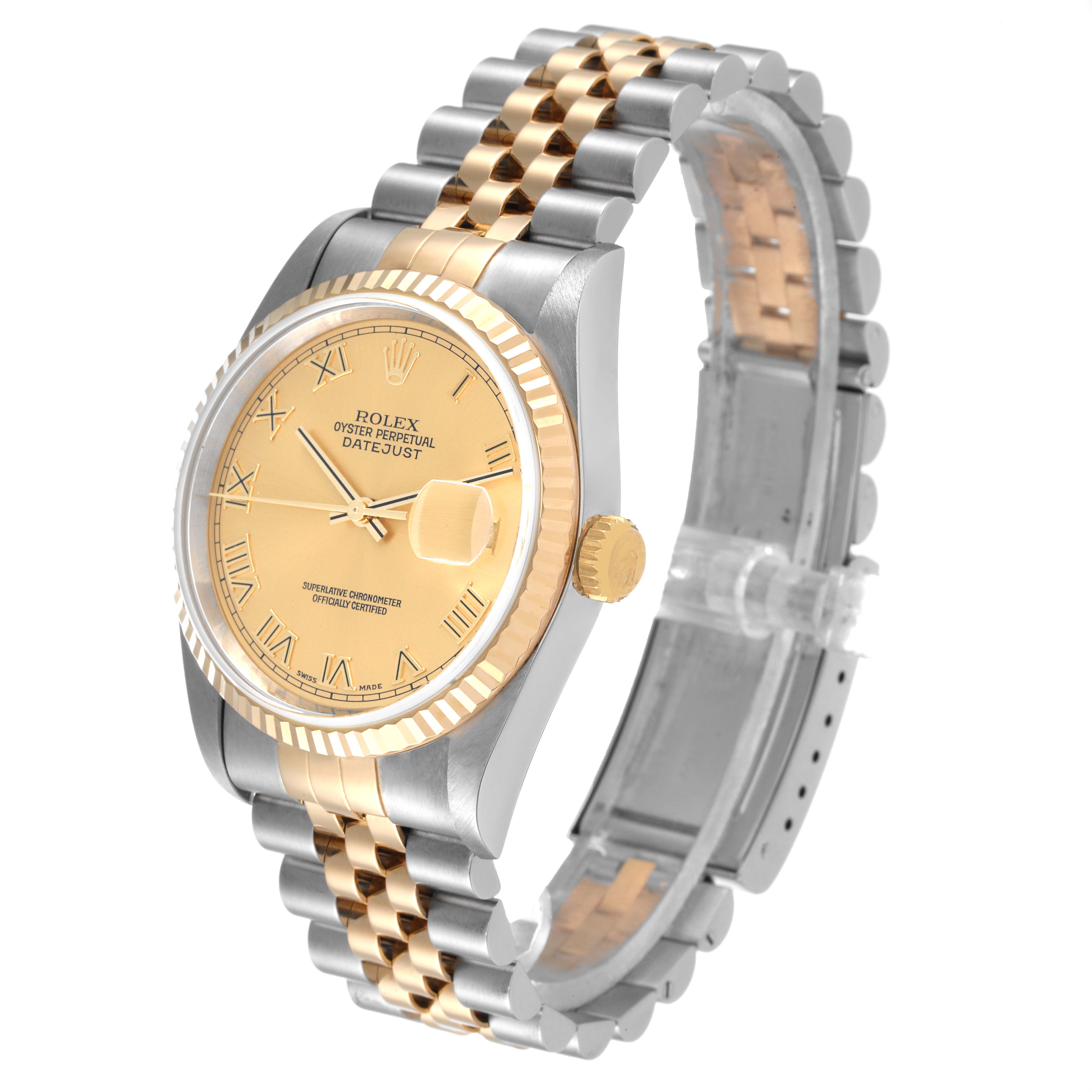 This image shows a Rolex Datejust 16233 Men's Steel and Gold (two tone) Champagne Dial 16233 Men's Steel and Gold (two tone) Champagne Dial watch at an angle highlighting the dial, bezel, crown, and two-tone bracelet.