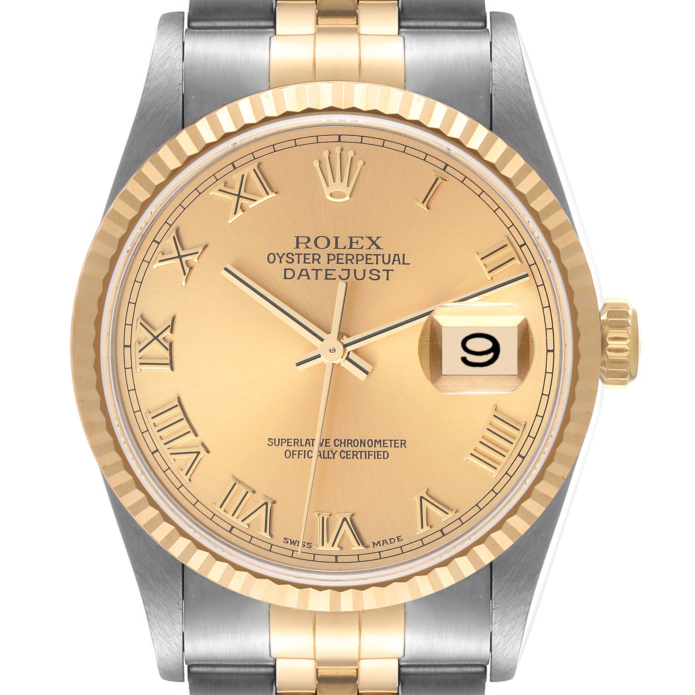 This image shows a close-up front view of a Rolex Datejust 16233 Men's Steel and Gold (two tone) Champagne Dial 16233 Men's Steel and Gold (two tone) Champagne Dial watch with a gold and silver two-tone design.