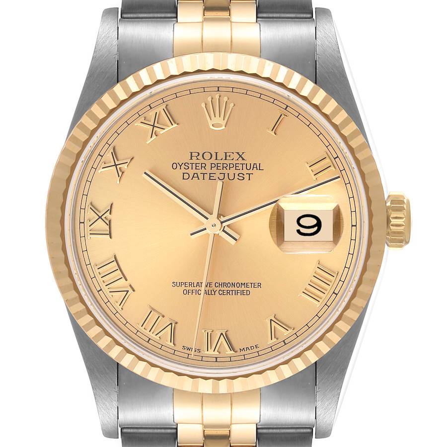 This image shows a close-up front view of a Rolex Datejust watch with a gold and silver two-tone design.