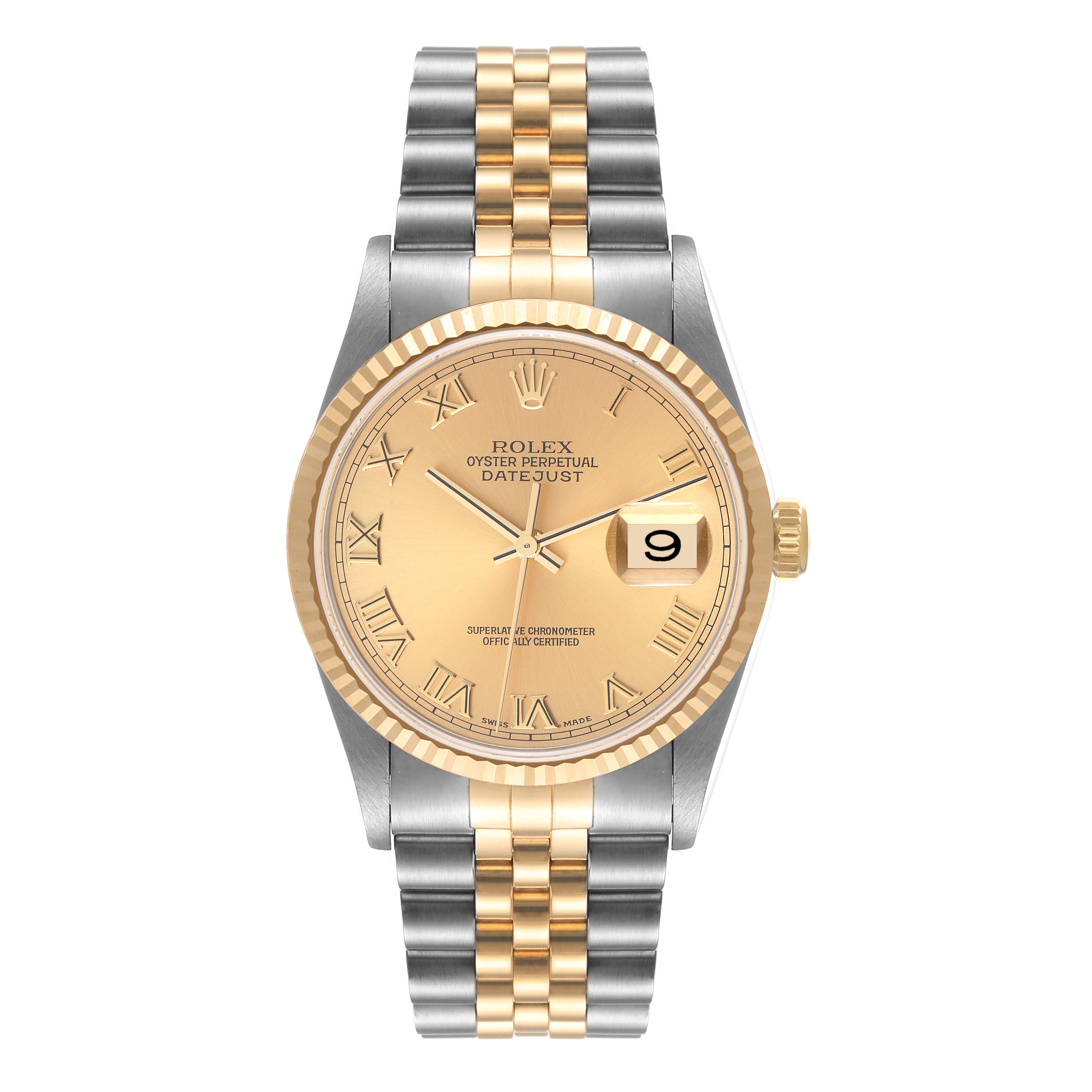 The image displays a Rolex Datejust 16233 Men's Steel and Gold (two tone) Champagne Dial 16233 Men's Steel and Gold (two tone) Champagne Dial watch, showcasing the dial, case, and two-tone bracelet from a front angle.