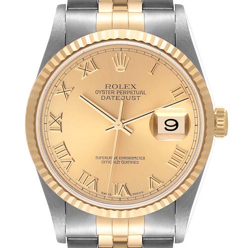 This Rolex Datejust watch is shown from the front, displaying its dial, hands, fluted bezel, and bracelet.