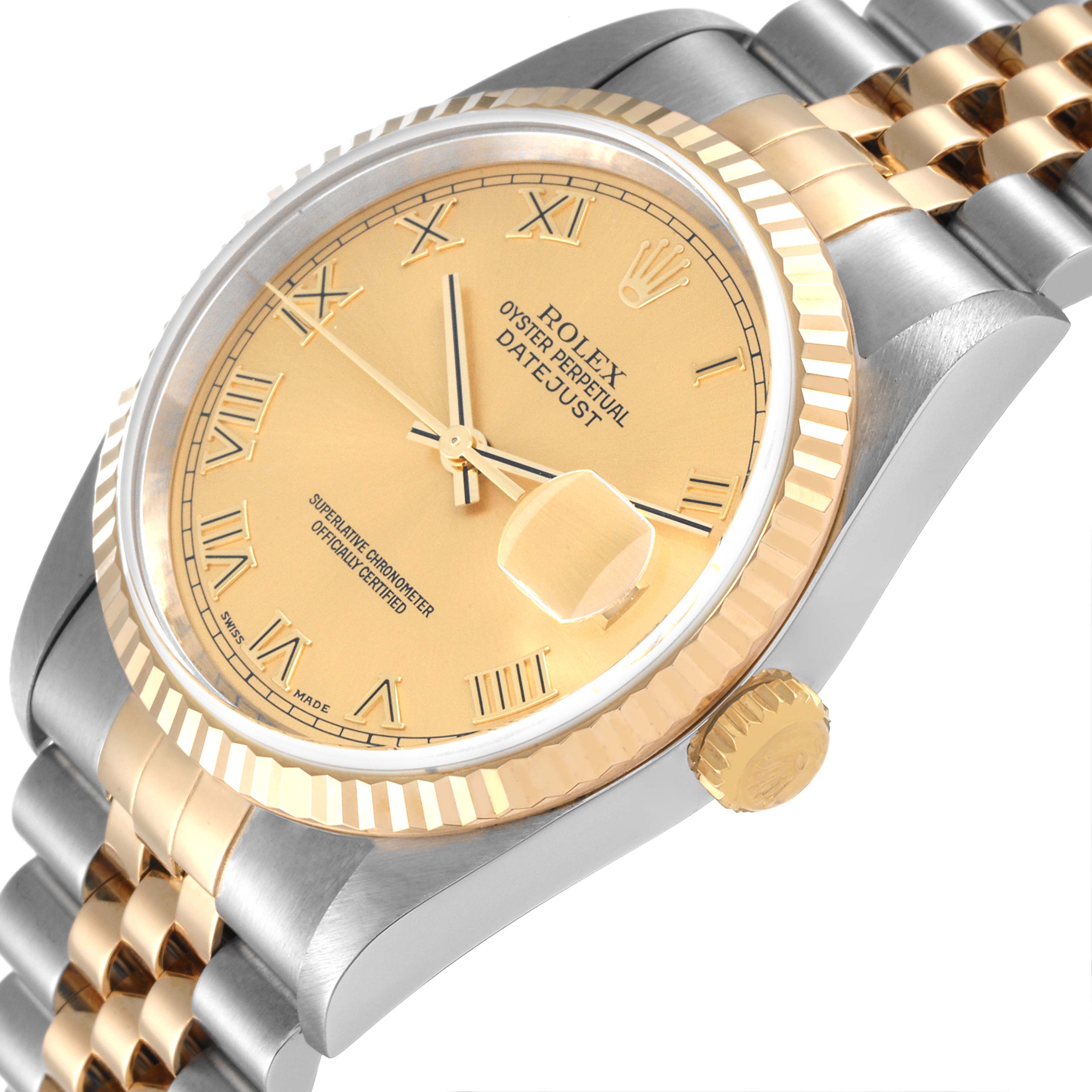 This Rolex Datejust 16233 Men's Steel and Gold (two tone) Champagne Dial 16233 Men's Steel and Gold (two tone) Champagne Dial watch is shown at an angle highlighting the dial, bezel, crown, and Jubilee bracelet.