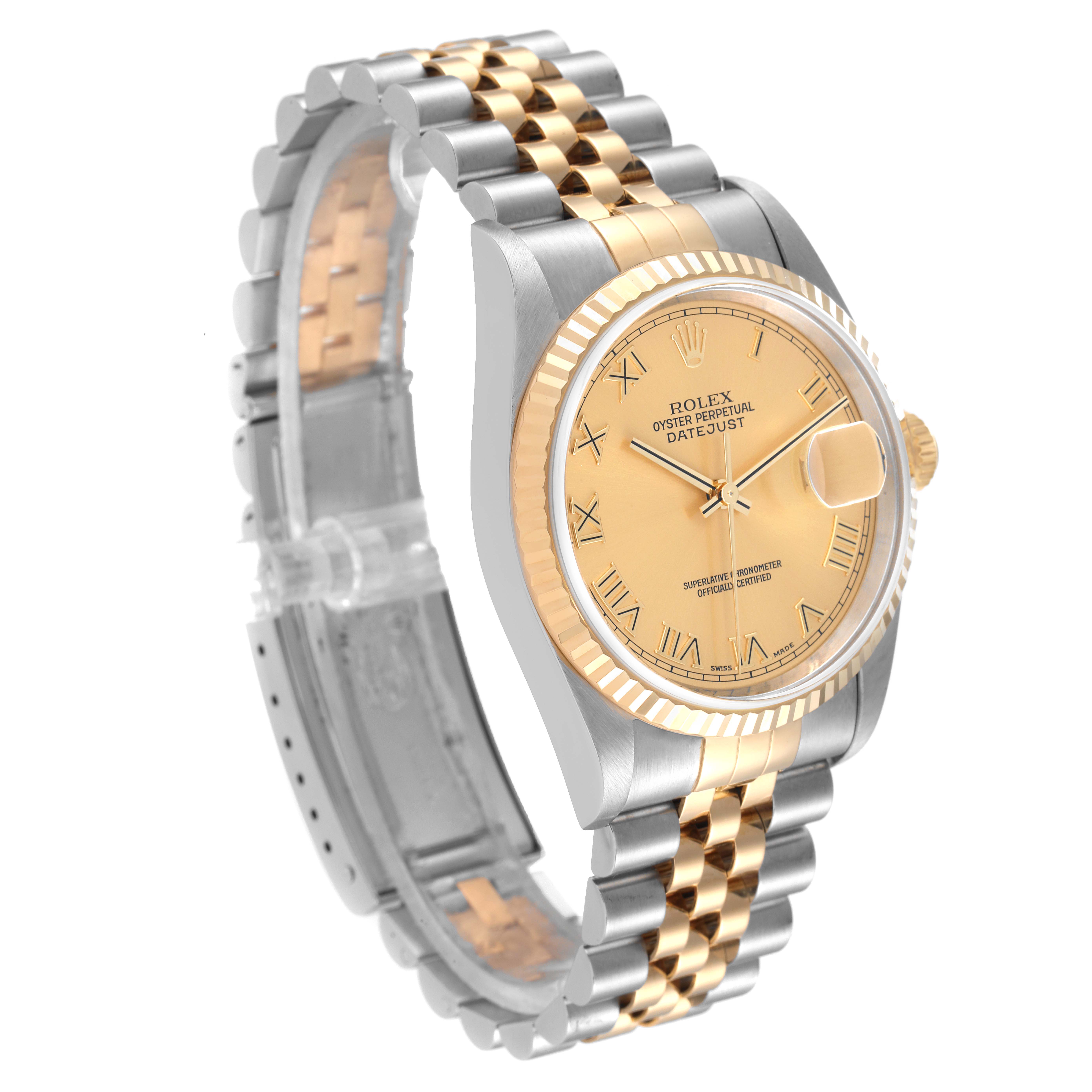 This is a side and front view of a Rolex Datejust 16233 Men's Steel and Gold (two tone) Champagne Dial 16233 Men's Steel and Gold (two tone) Champagne Dial watch showing the face, bezel, crown, and bracelet.