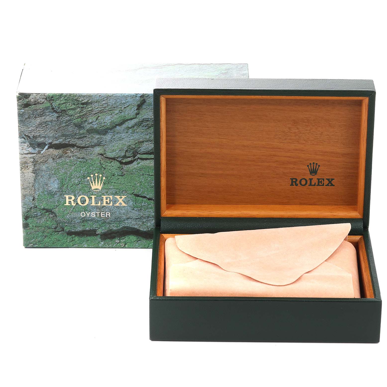 The image shows an open Rolex Datejust 16233 Men's Steel and Gold (two tone) Champagne Dial 16233 Men's Steel and Gold (two tone) Champagne Dial watch box with the outer green packaging and inner wooden casing.