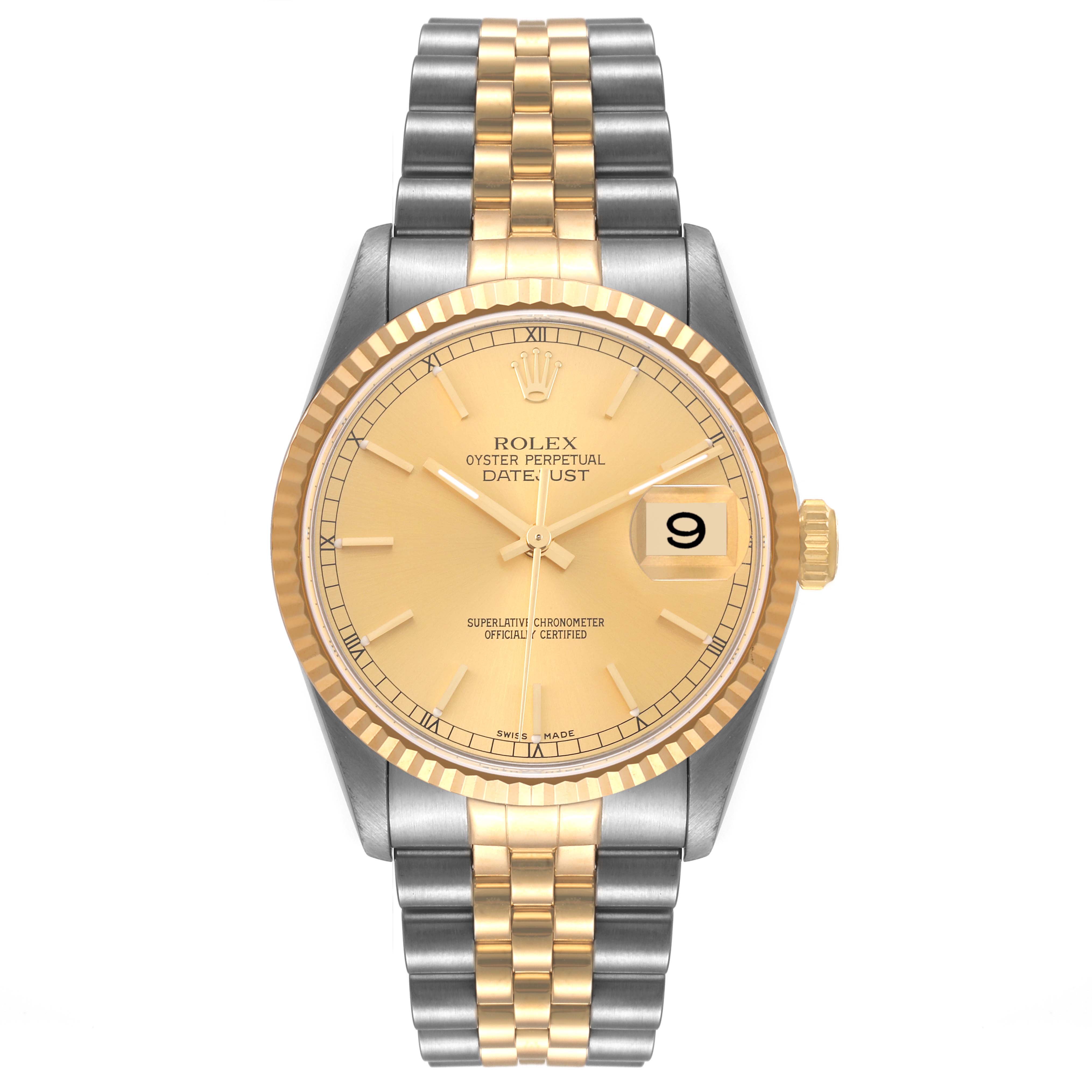 This image shows a Rolex Datejust 16233 Men's Steel and Gold (two tone) Champagne Dial 16233 Men's Steel and Gold (two tone) Champagne Dial watch from a front angle, displaying the dial, case, bracelet, and crown.