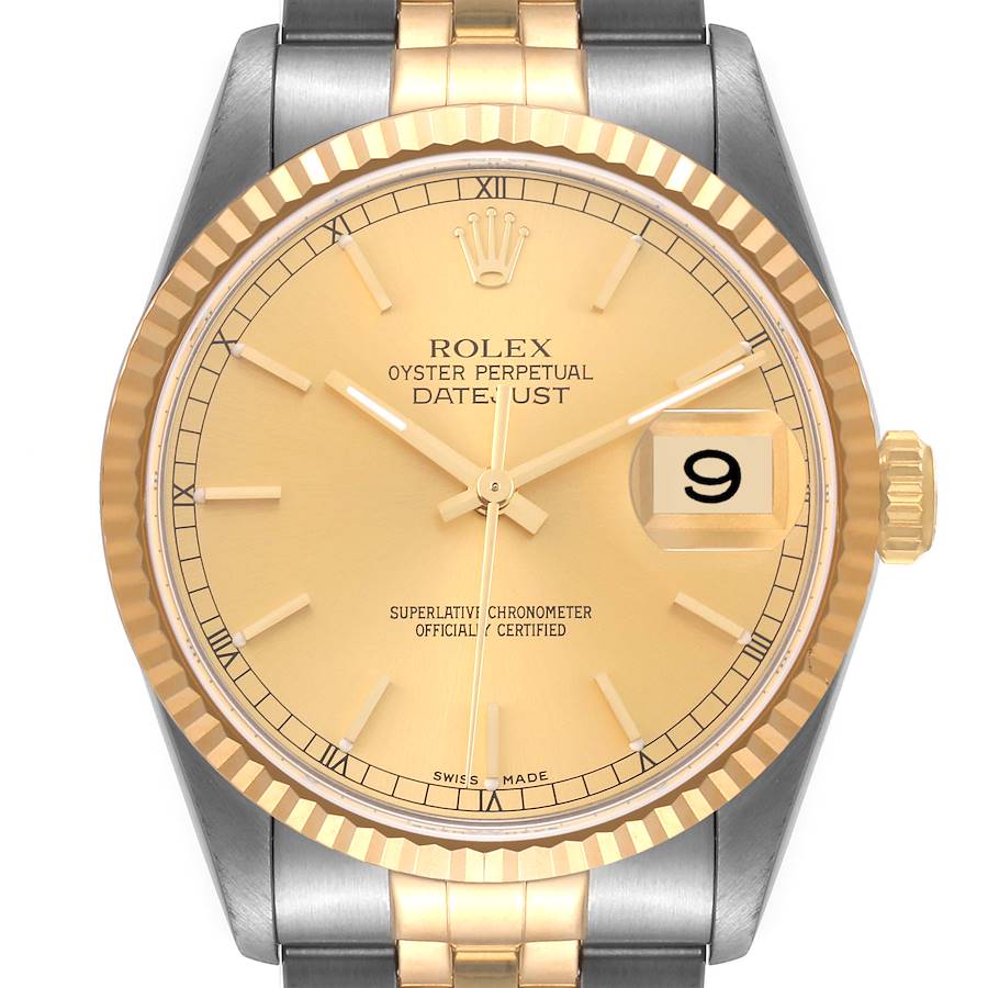 This image shows a Rolex Datejust watch from the front, highlighting its gold face, bezel, and metal bracelet.