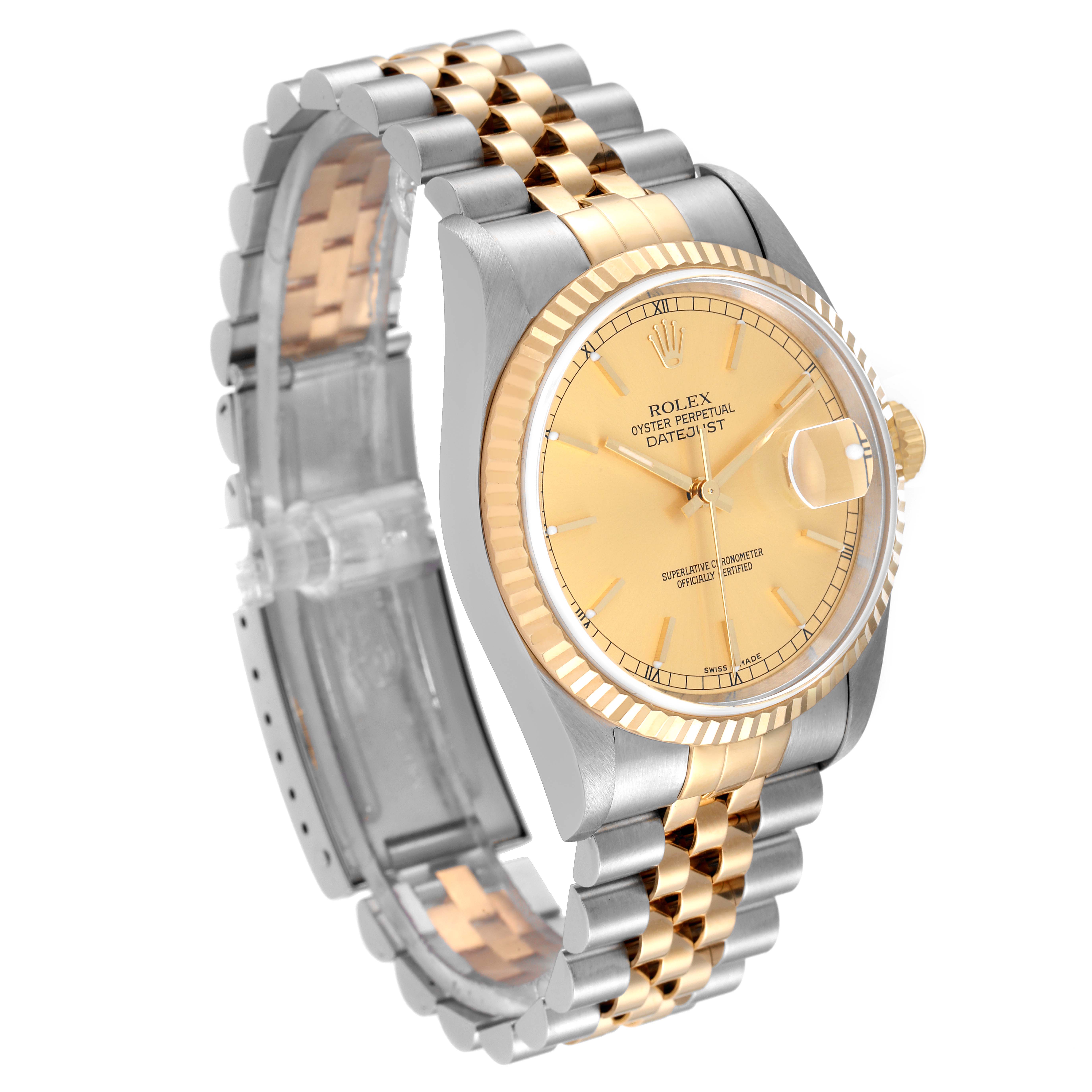 This Rolex Datejust 16233 Men's Steel and Gold (two tone) Champagne Dial 16233 Men's Steel and Gold (two tone) Champagne Dial watch is shown at a slight angle, highlighting its two-tone bracelet, fluted bezel, and champagne dial.