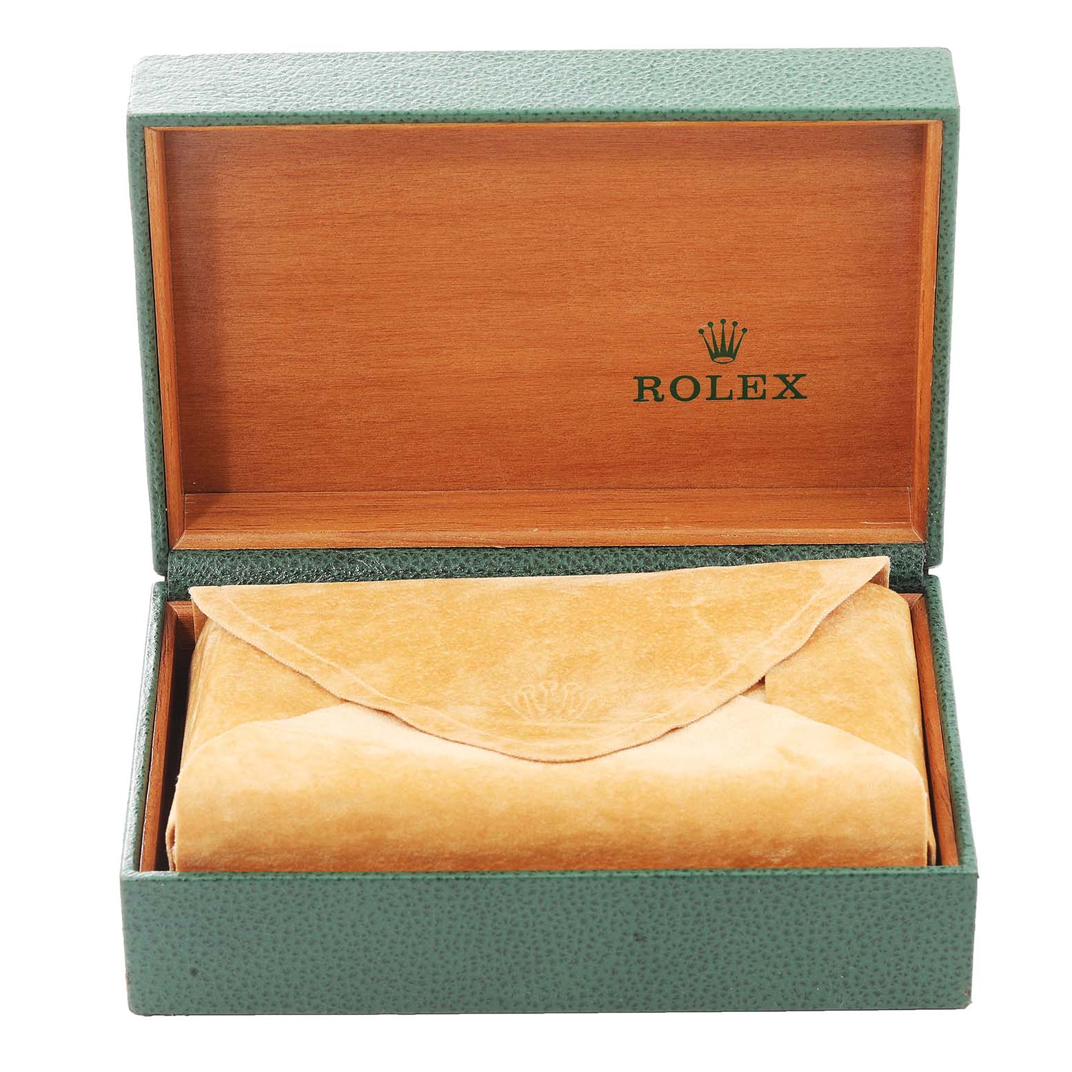 A Rolex Datejust 16233 Men's Steel and Gold (two tone) Champagne Dial 16233 Men's Steel and Gold (two tone) Champagne Dial watch box with an inner beige pouch, shown from a frontal angle with the lid open.