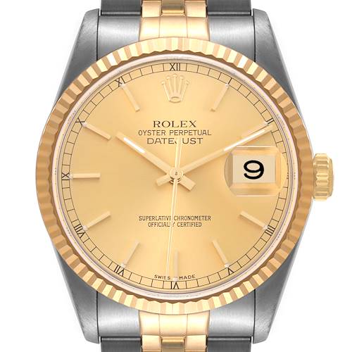 This image shows a front view of the Rolex Datejust watch, highlighting its gold dial, fluted bezel, and two-tone bracelet.